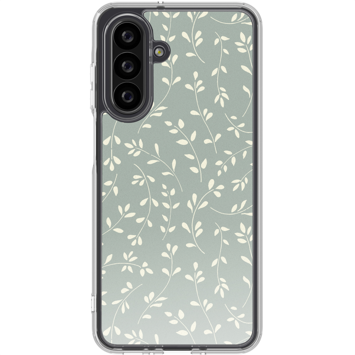 Een telefoonhoesje met een bloemenpatroon. Lichtgroene achtergrond met witte, bladvormige ontwerpen. De telefoon heeft drie camera's.