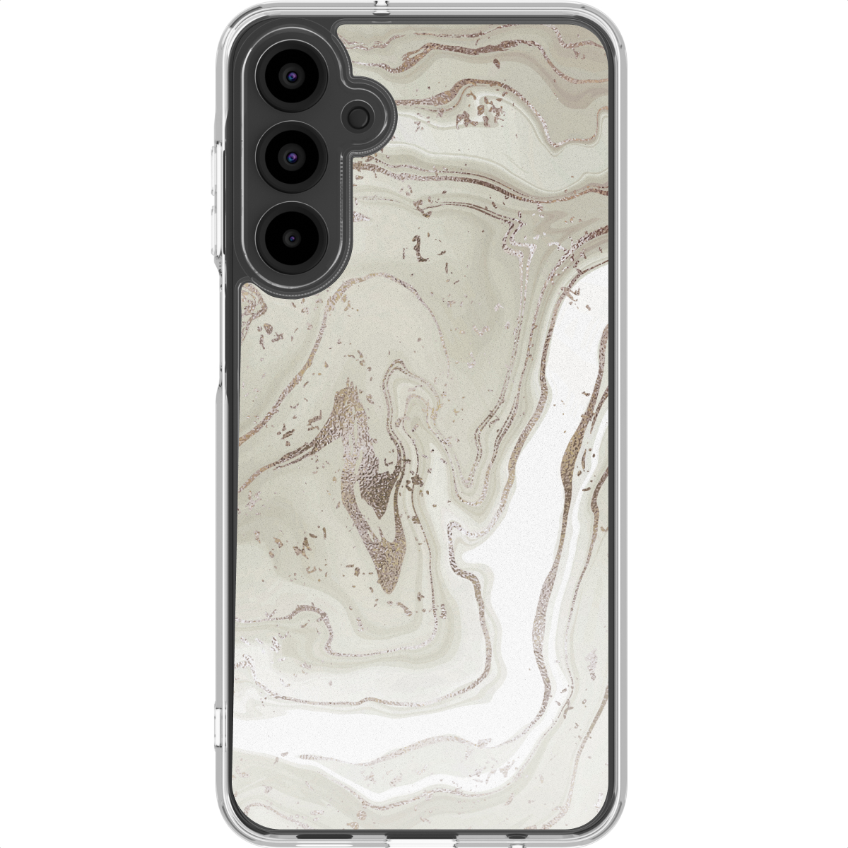 Een telefoonhoesje met een marmerontwerp. De hoes is transparant, met een patroon van witte, grijze en gouden wervelingen. De camera staat bovenaan.
