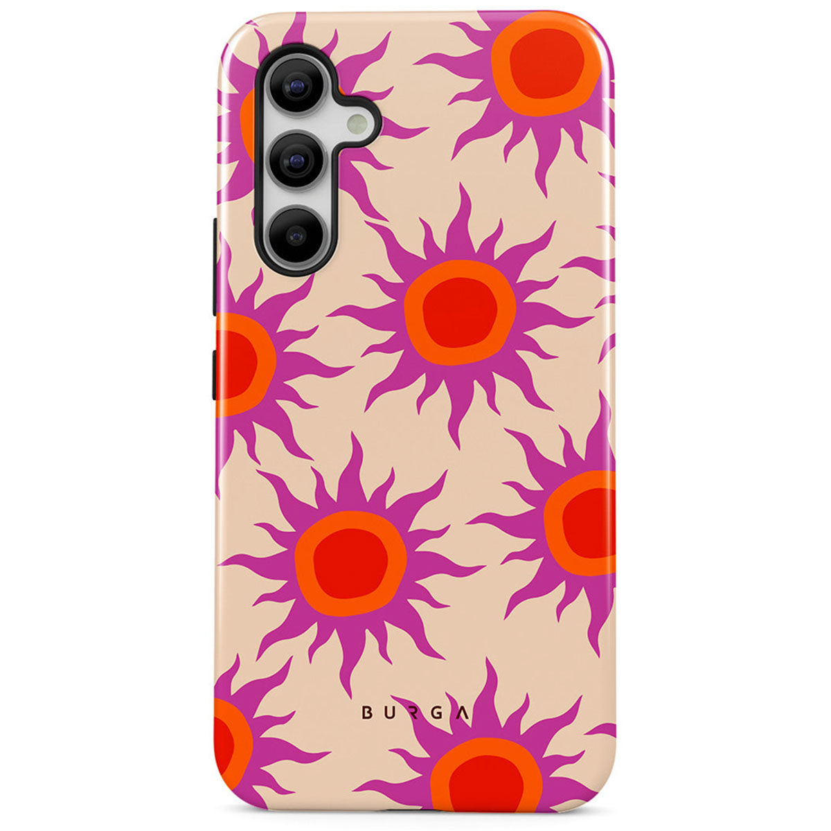 Een telefoonhoesje met een herhaald patroon van paarse zonachtige vormen met oranje centra op een beige achtergrond.