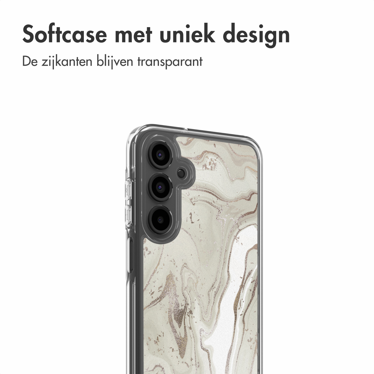 Een doorzichtig telefoonhoesje met een marmer design. De hoes heeft drie cameralenzen en een transparante rand. Tekst: 'Softcase met uniek design'.