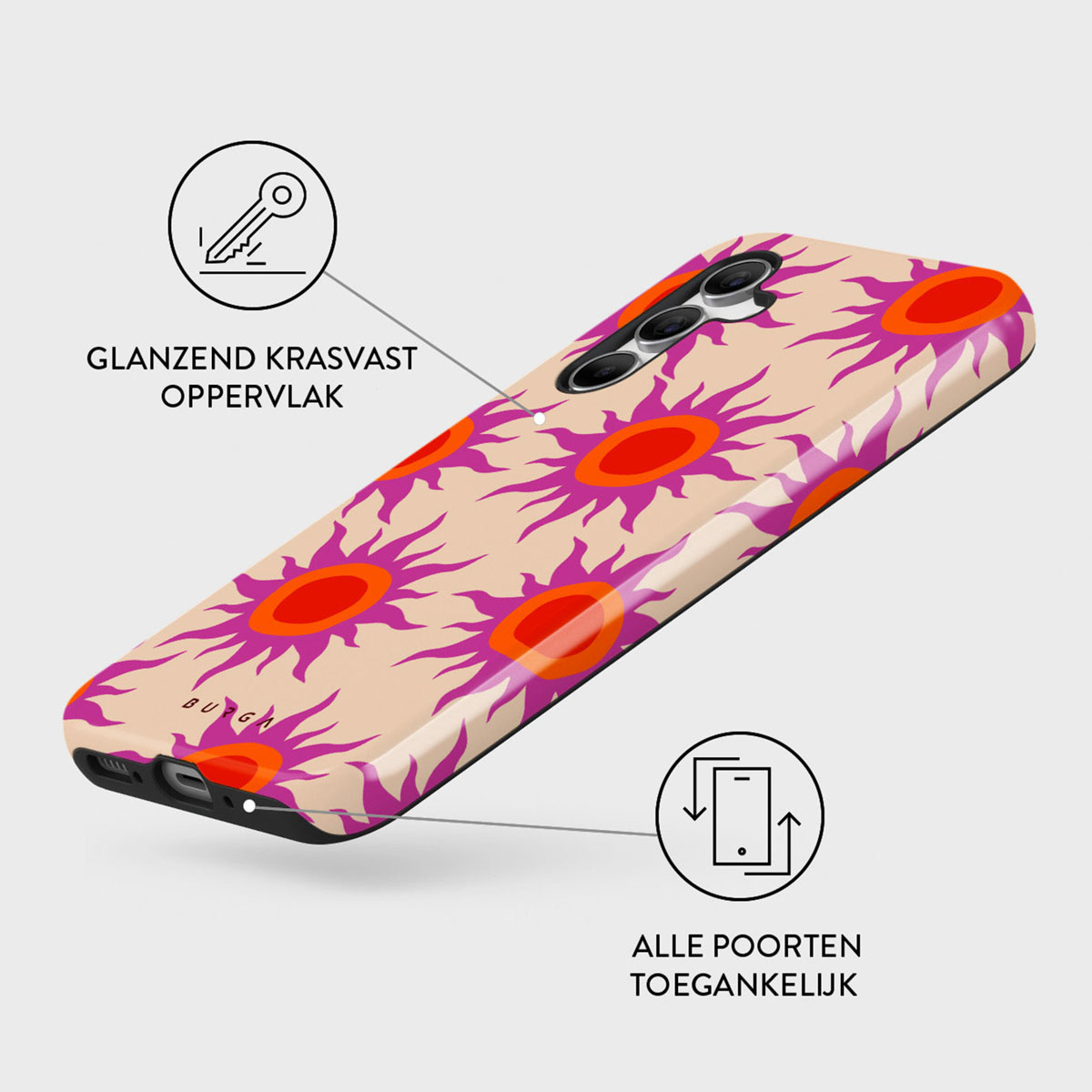Telefoonhoesje met een patroon van paarse zonnestralen met oranje centers op een beige achtergrond, met Nederlandse tekst.