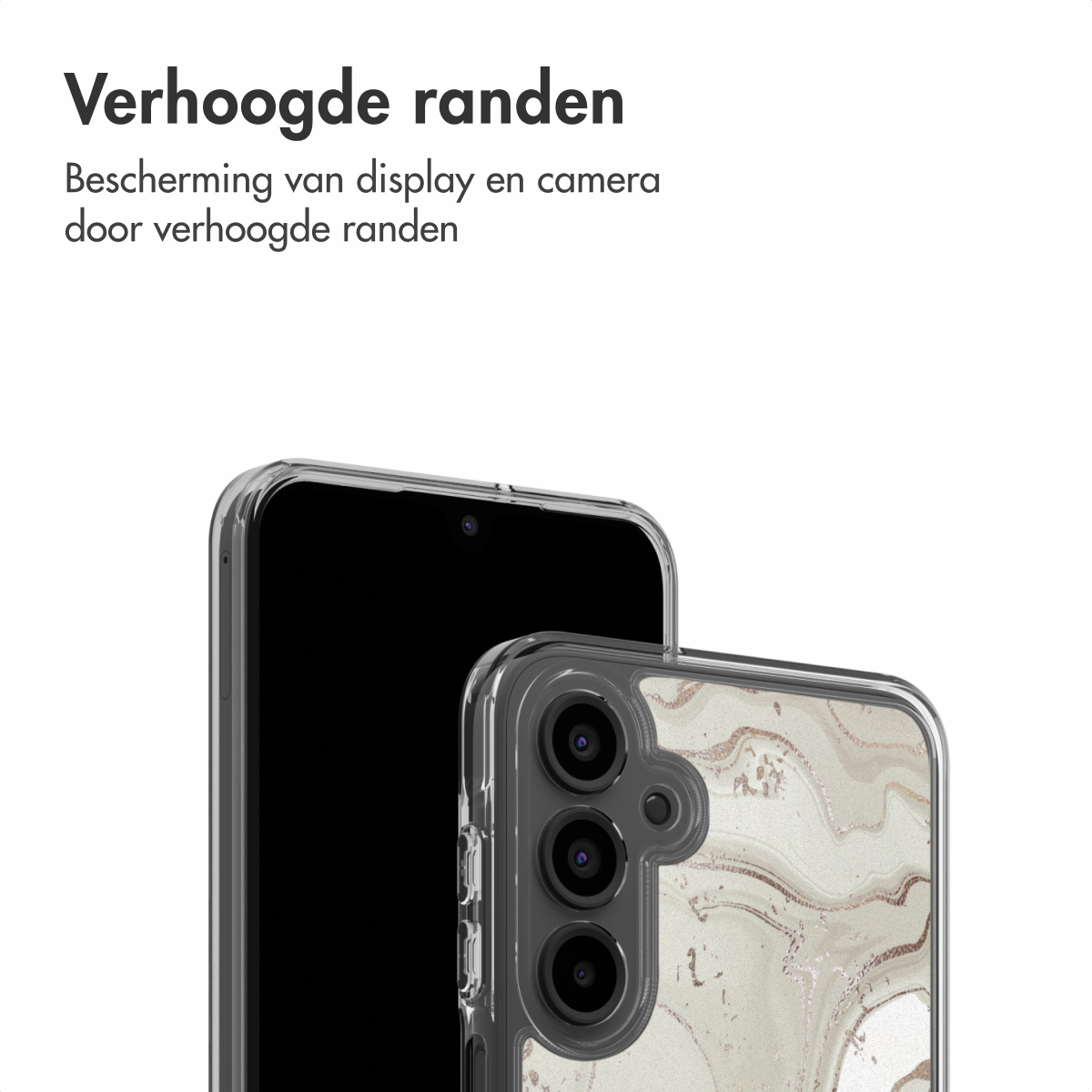 Twee smartphones met beschermhoesjes. Eén toont het scherm. De hoes heeft een marmerontwerp.