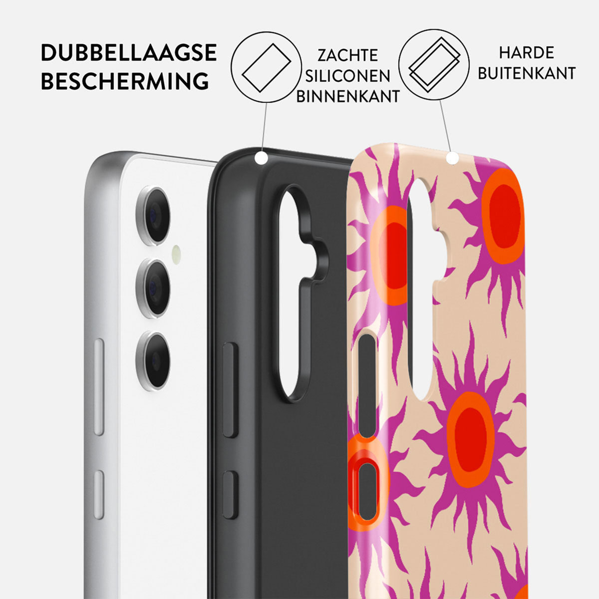 Een telefoonhoesje met een bloemenpatroon. Het heeft drie lagen: een witte telefoon, een zwarte laag en een buitenlaag met patroon.