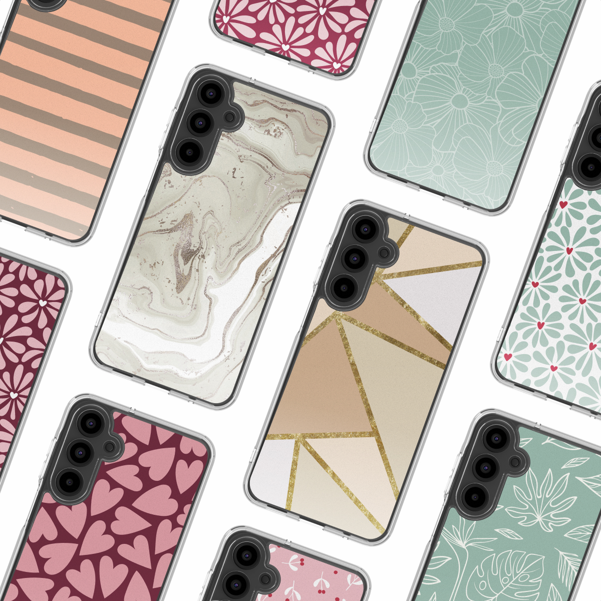 Collectie telefoonhoesjes. Ontwerpen omvatten strepen, marmer, geometrische vormen, bloemen en harten. De hoesjes zijn in verschillende kleuren.