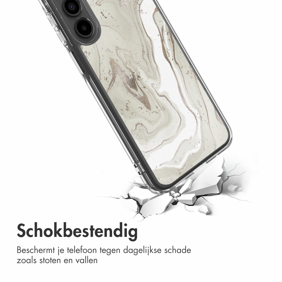 Een telefoonhoesje met marmerpatroon ligt op gebarsten grond, wat de schokbestendigheid aantoont. Tekst: 'Schokbestendig'.