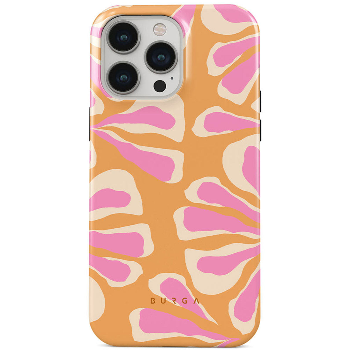 Een telefoonhoesje met een patroon van roze en crèmekleurige bloemachtige vormen op een oranje achtergrond.