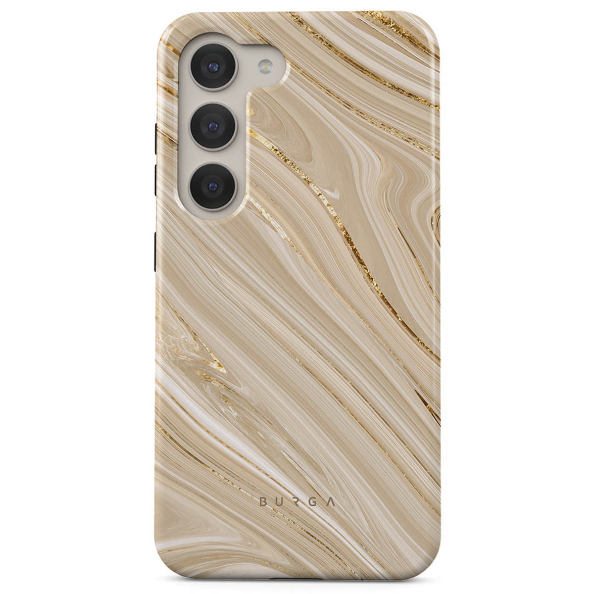 Een telefoonhoesje met een marmerontwerp. Het heeft een beige achtergrond met witte en gouden strepen, die natuurlijke steenpatronen nabootsen.