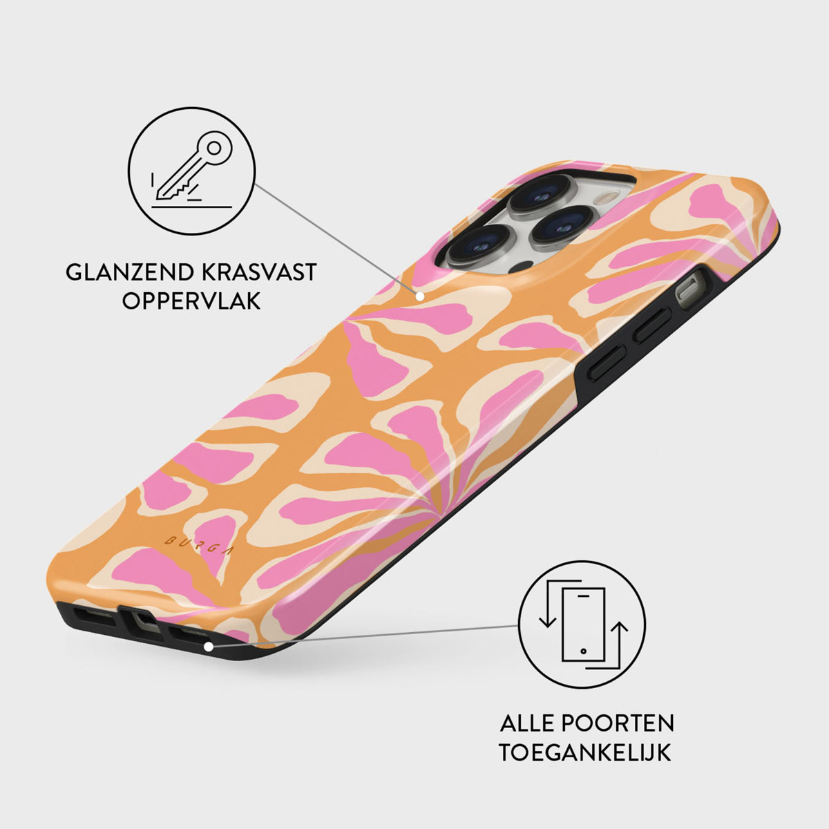 Een telefoonhoesje met een bloemenpatroon in oranje, roze en crème kleuren. Het heeft een glanzende afwerking en wordt getoond tegen een witte achtergrond.