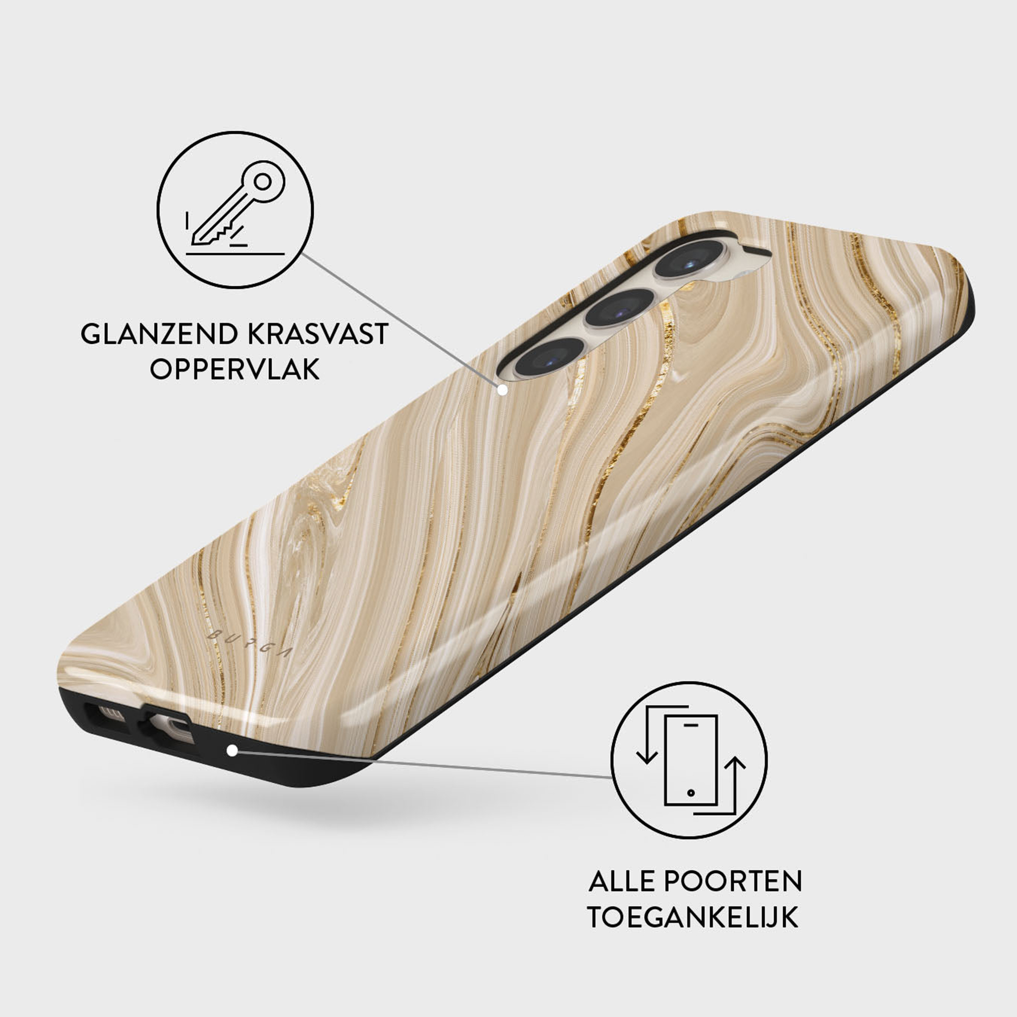 Telefoonhoesje met marmerdesign. Het heeft zwarte randen en gouden details. Het toont het glanzende en krasbestendige oppervlak.