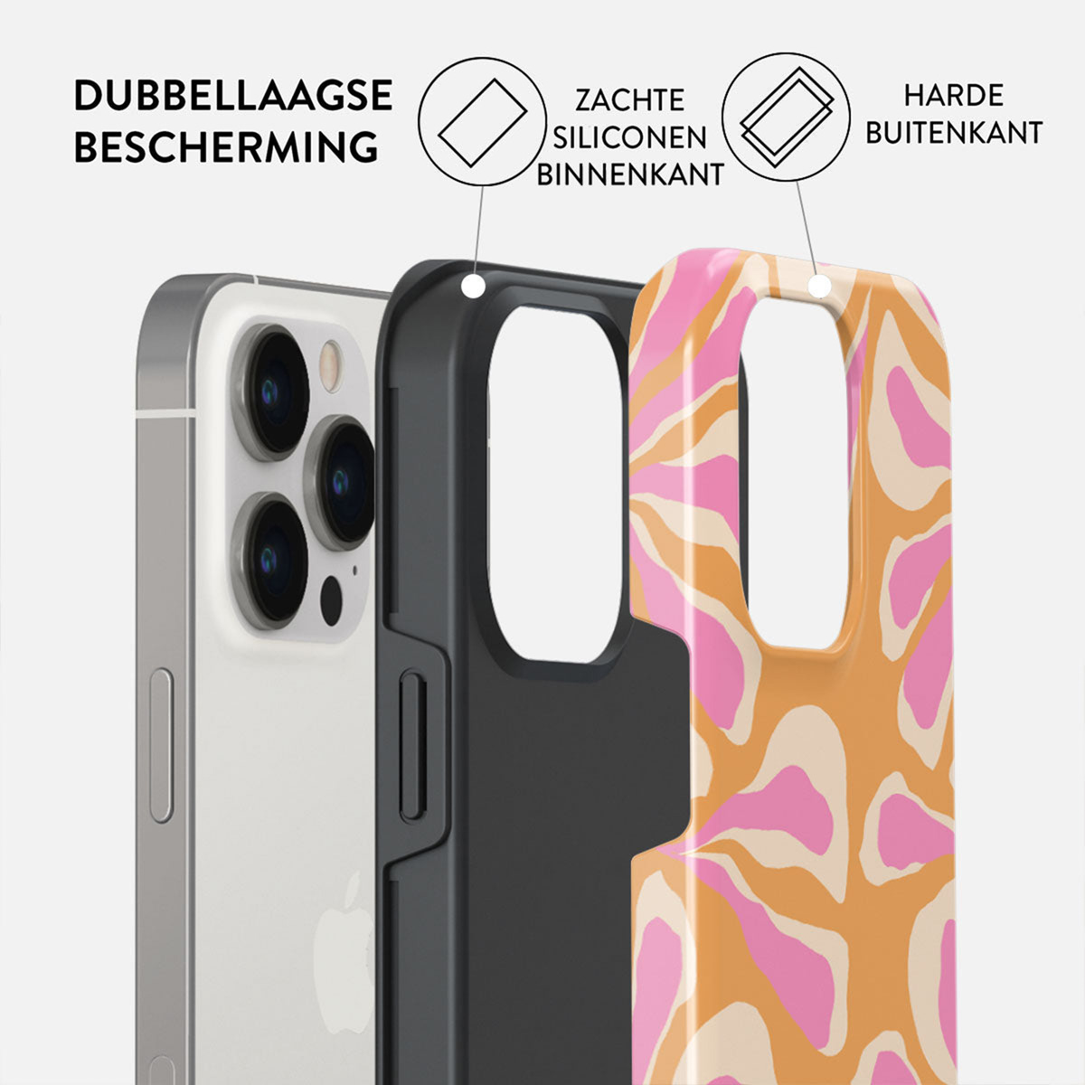 Een telefoonhoesje met een gelaagd ontwerp. Met een telefoon, zwarte middenlaag en een patroon op de buitenlaag.