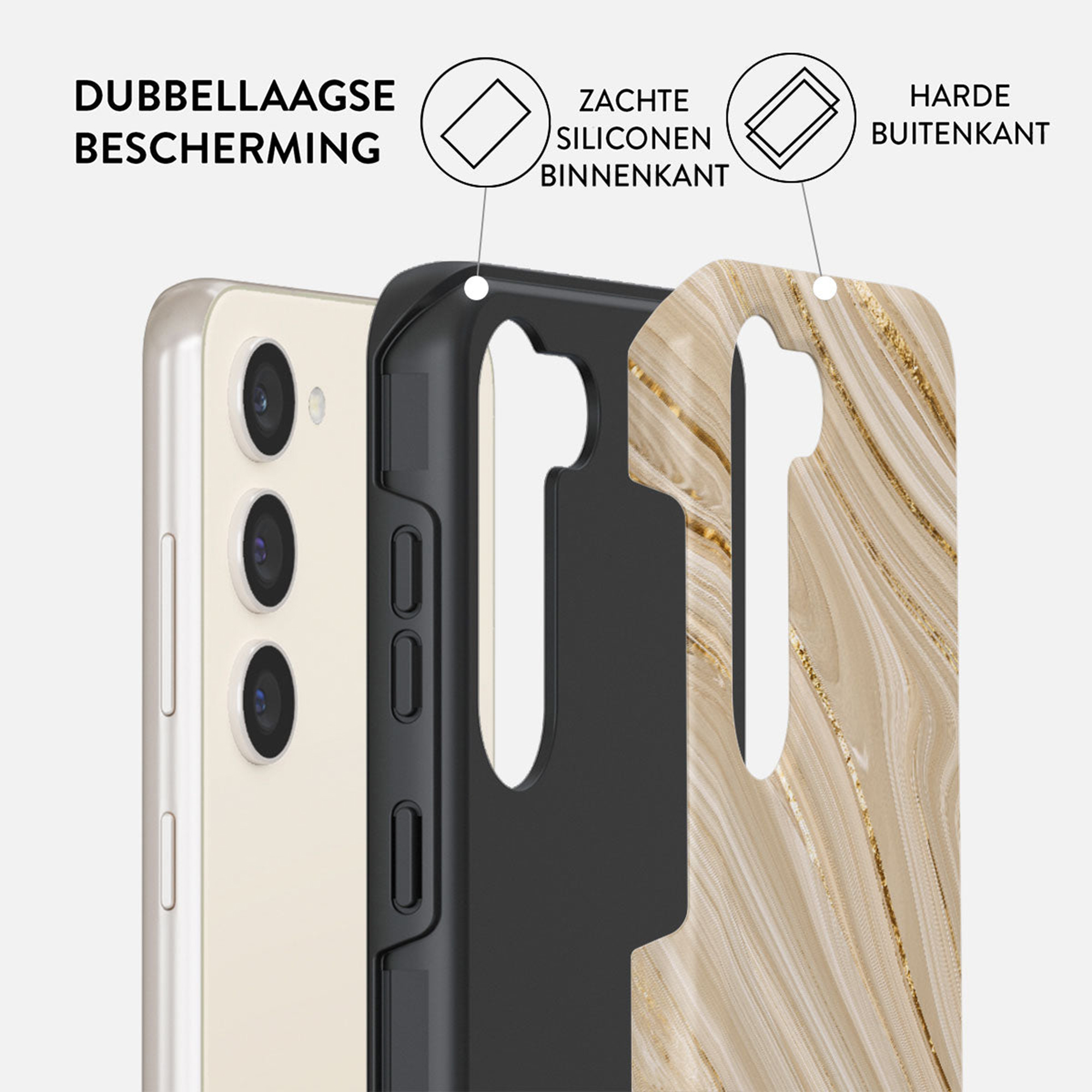 Telefoonhoes met dubbele bescherming: zachte siliconen binnenkant, harde buitenlaag. Beige telefoon links.