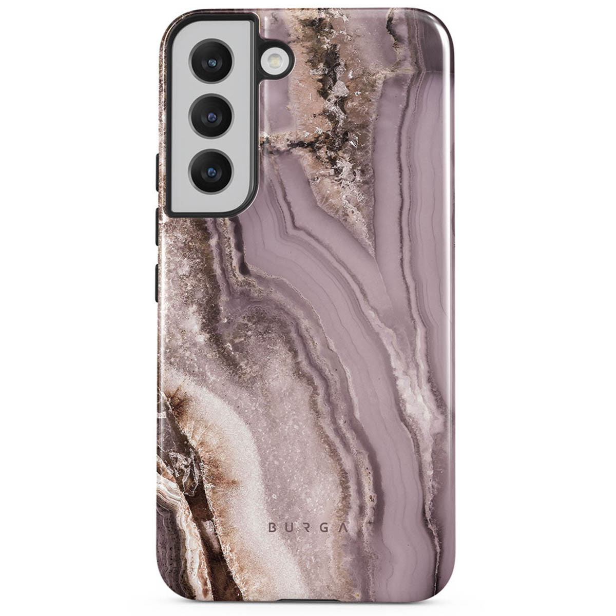Een telefoonhoesje met een marmerachtig patroon in tinten paars, bruin en wit. De hoes heeft camera-uitsparingen en de merknaam 'BURGA'.