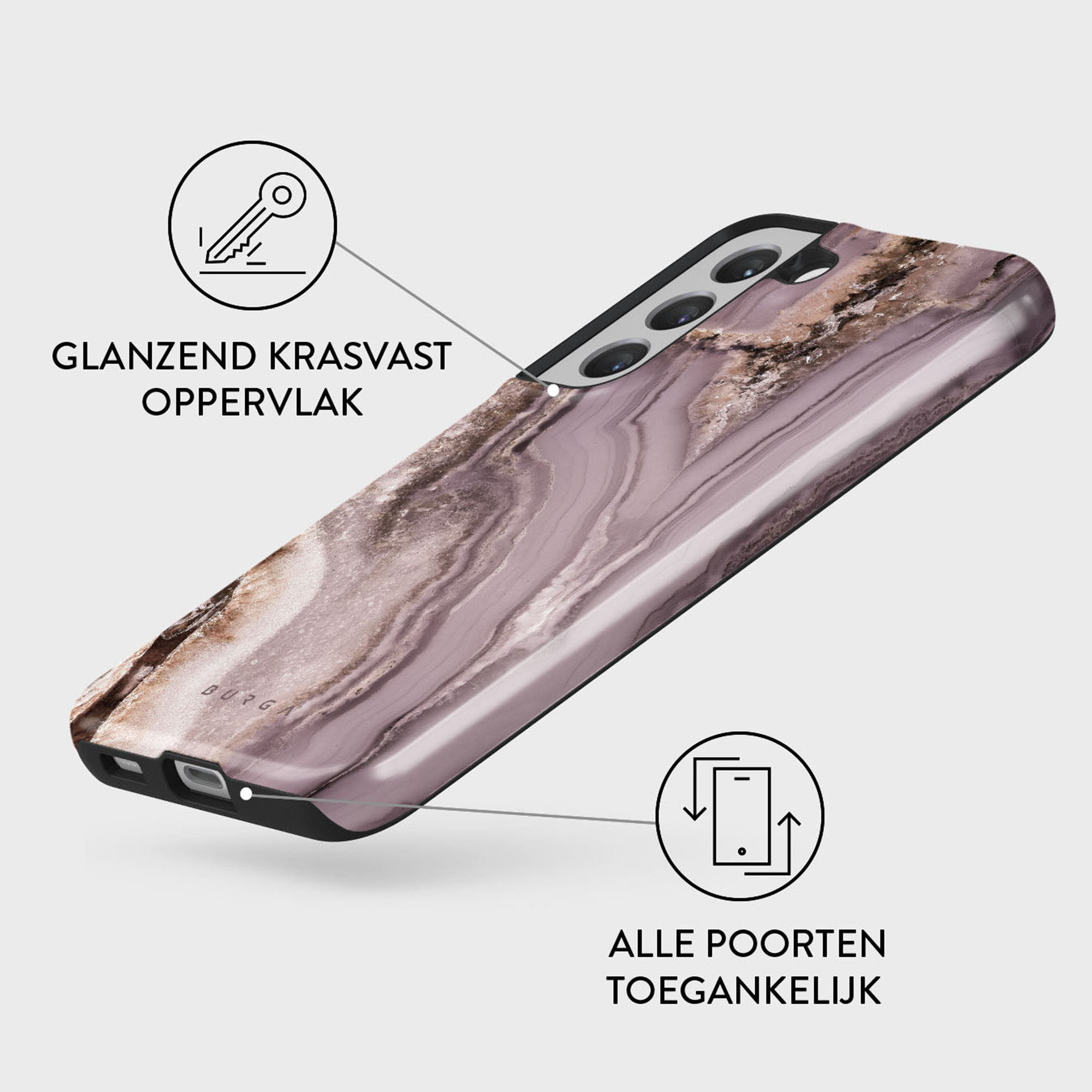 Een telefoonhoesje met een marmeren design. Het heeft een zwarte rand en drie camera-uitsparingen. Nederlandse tekst geeft kenmerken aan.