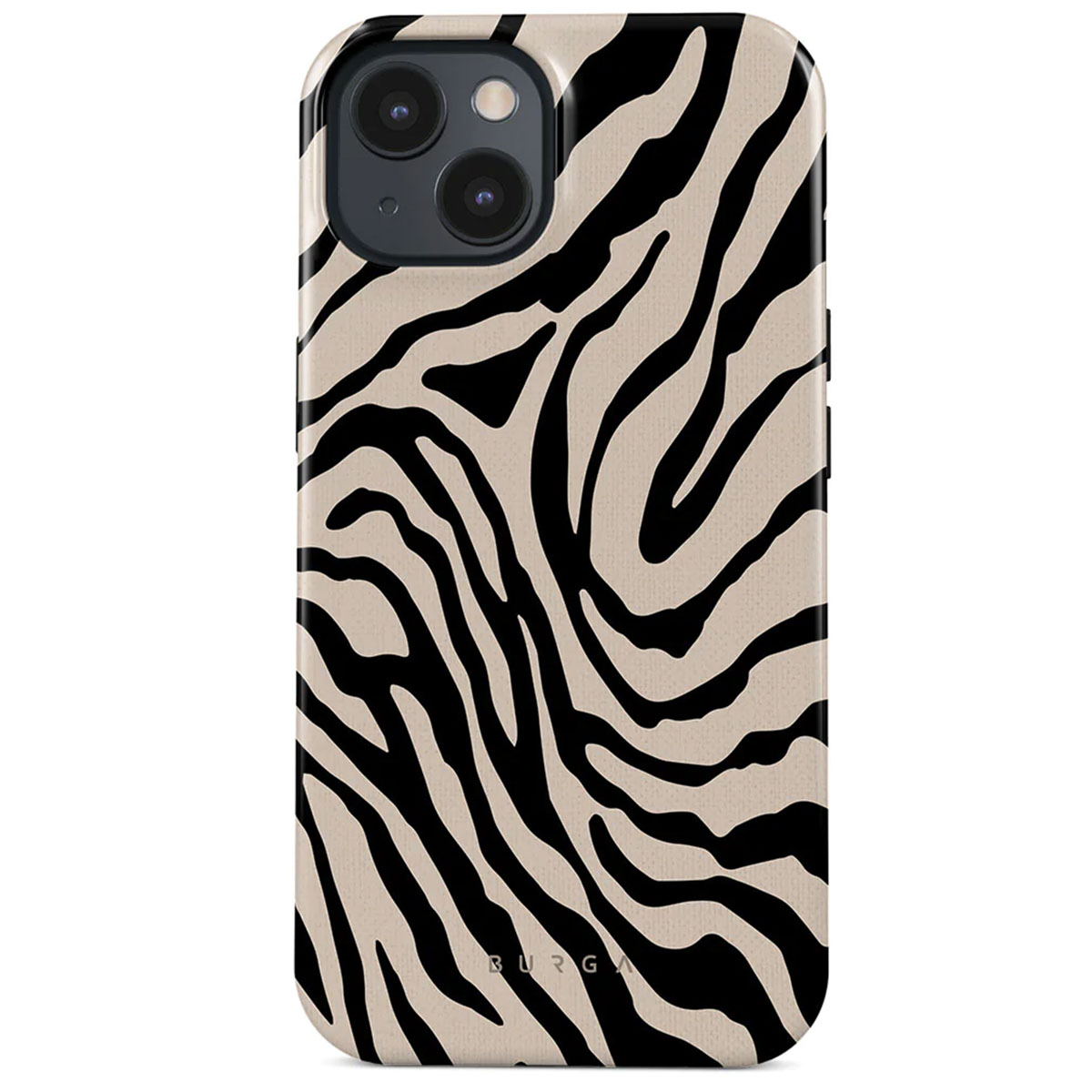 A phone case with a zebra stripe pattern. The case is beige with black stripes and has the brand name BURGA at the bottom.