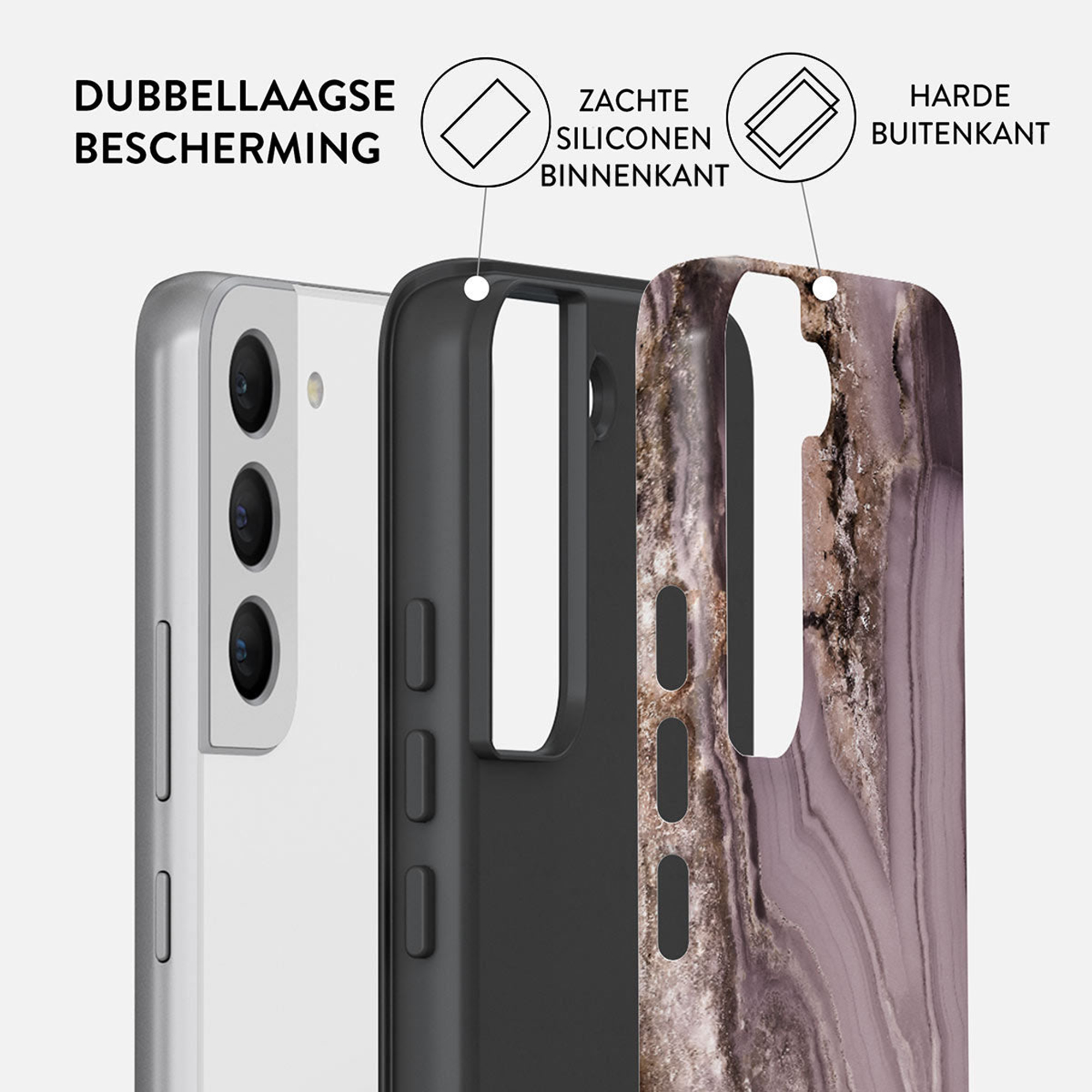 Telefoonhoes: zachte siliconen binnenkant, harde buitenkant. Telefoon links. Tekst in het Nederlands.