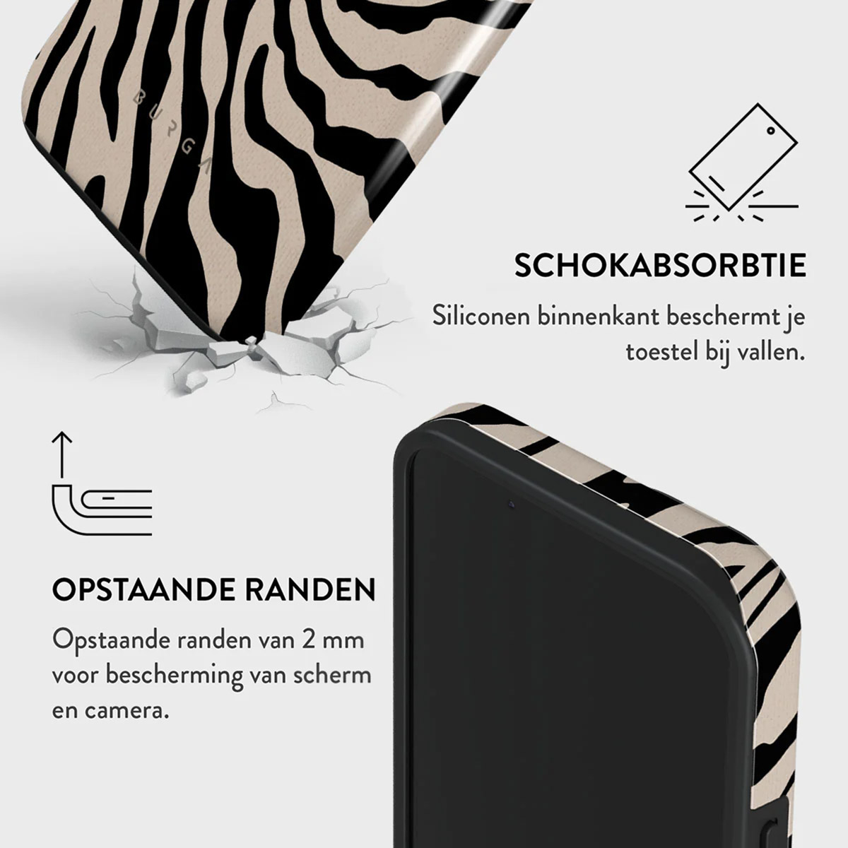 Phone case with a zebra pattern, black frame. Text mentions shock absorption and raised edges for screen and camera protection.