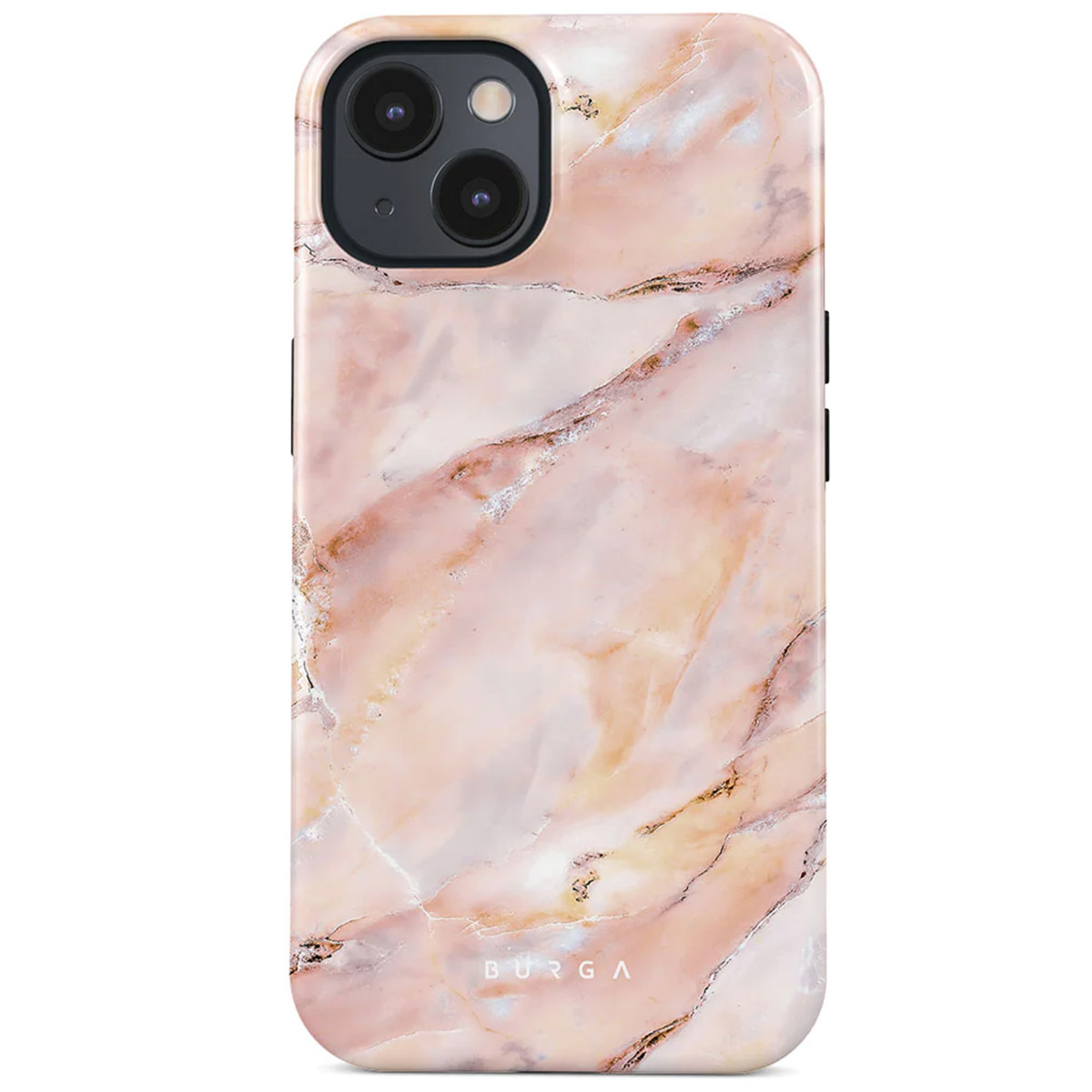 Phone case with marble design in shades of pink, white, and gold. Features two camera lenses and the brand name BURGA.