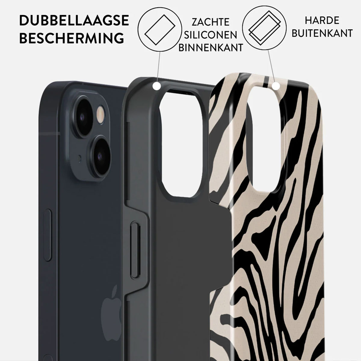 Phone case with dual-layer protection: soft silicone inner and hard outer. Zebra pattern on the back.