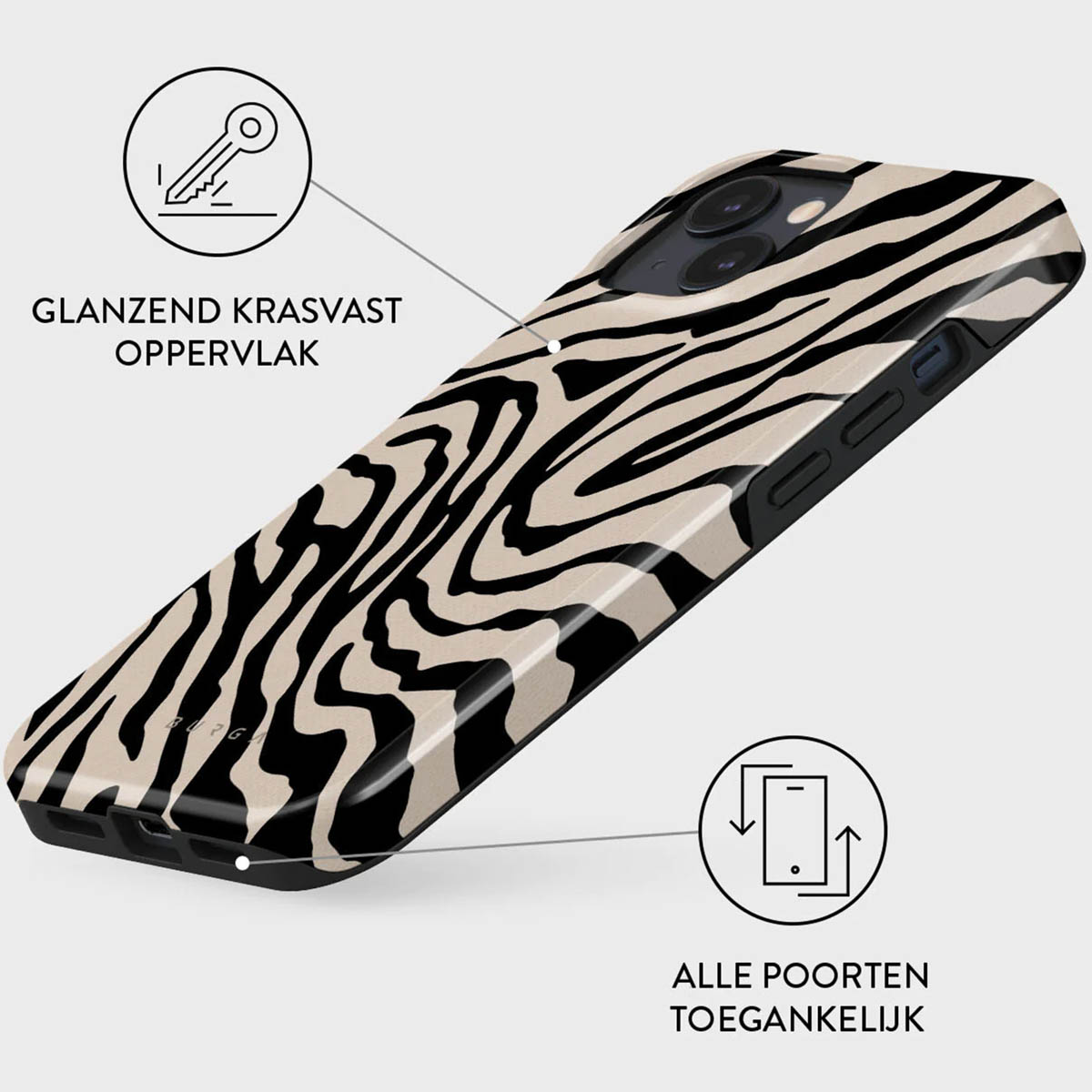 A phone case with a zebra print design. It has a glossy finish. Text highlights scratch resistance and port accessibility.