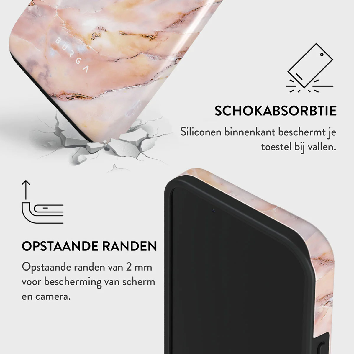A phone case with a marble design, black borders and text describing features like shock absorption and raised edges for screen protection.