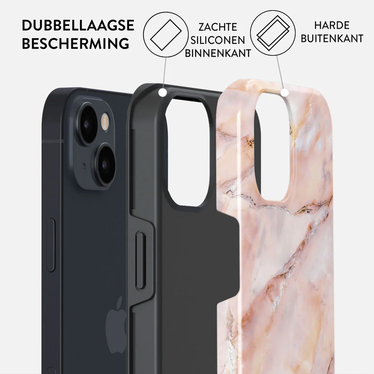 Phone case layers: phone, black inner, marble outer. Text: Double layer protection, soft silicone inside, hard outside.