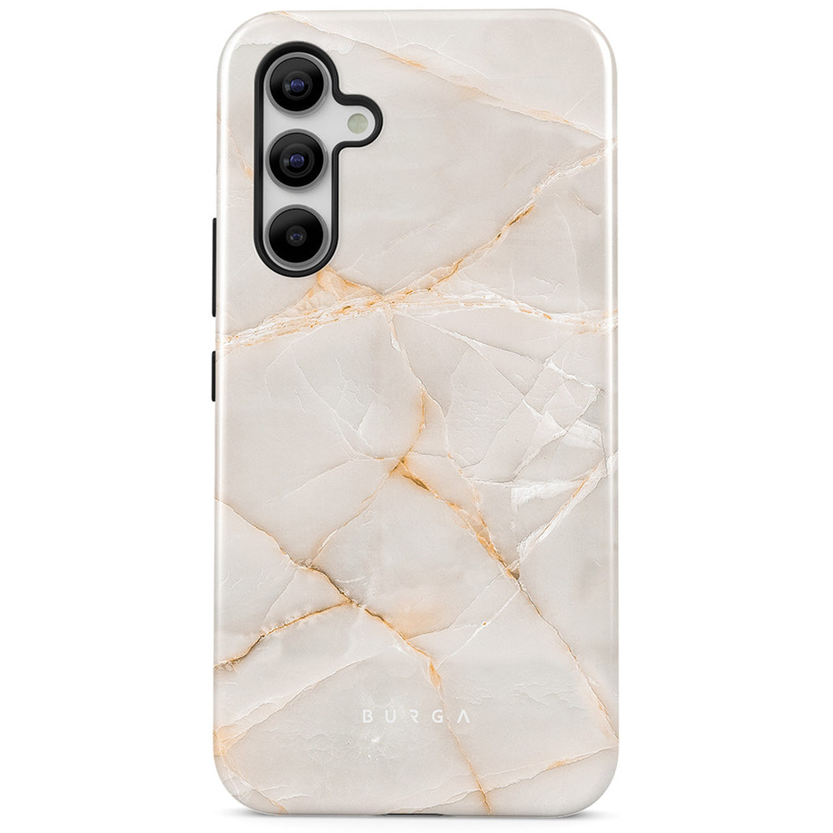 Telefoonhoesje met marmerdesign. Crèmewit met gouden aderen. Beschikt over cameramodule en merknaam.