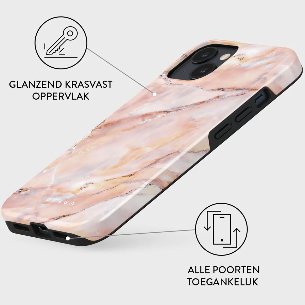 A smartphone case with a marble design. It's pink and white, with the brand name "BURGA" visible. The case has black edges.