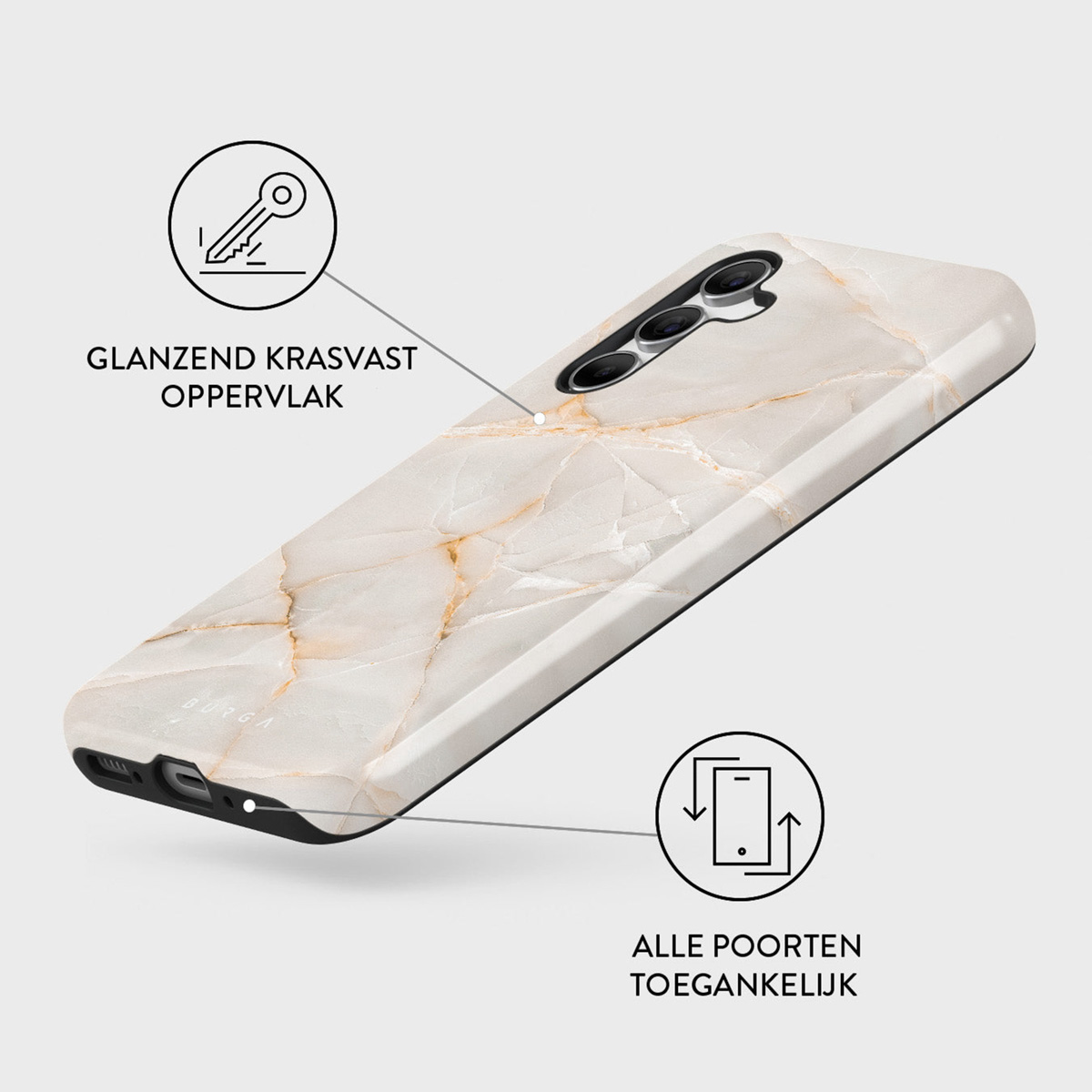 Een telefoonhoesje met marmerpatroon op witte achtergrond. Nederlandse tekst geeft glanzend, krasvast oppervlak en toegankelijke poorten aan.