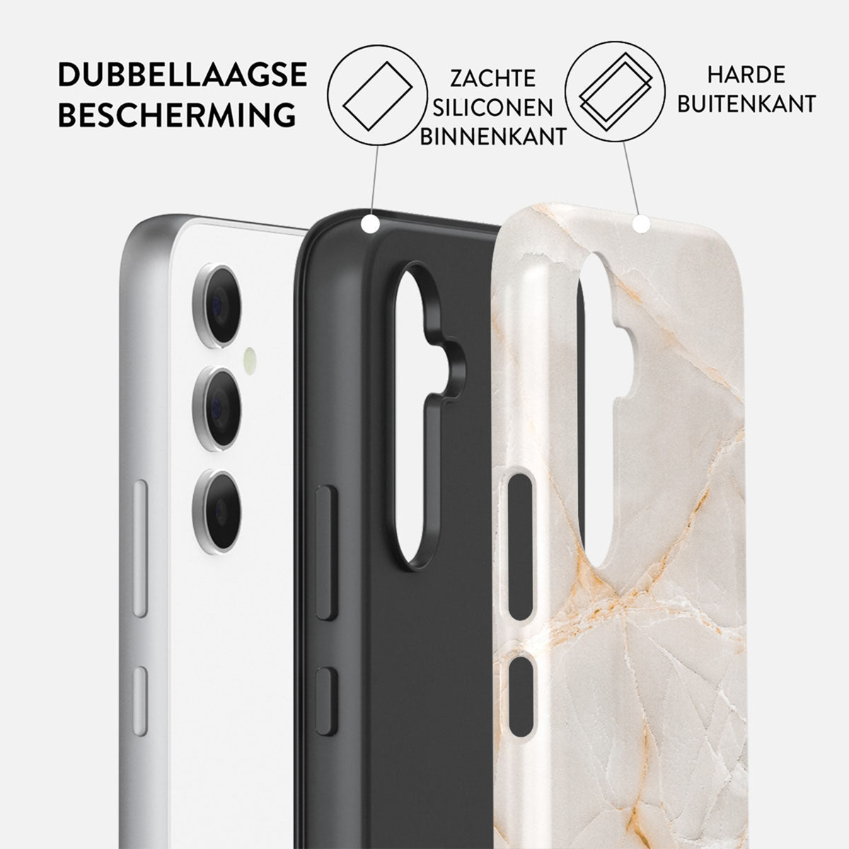 Afbeelding toont gelaagde telefooncase-componenten: telefoon, zwarte siliconen en harde schaal met marmerpatroon. Tekstlabels beschrijven lagen.