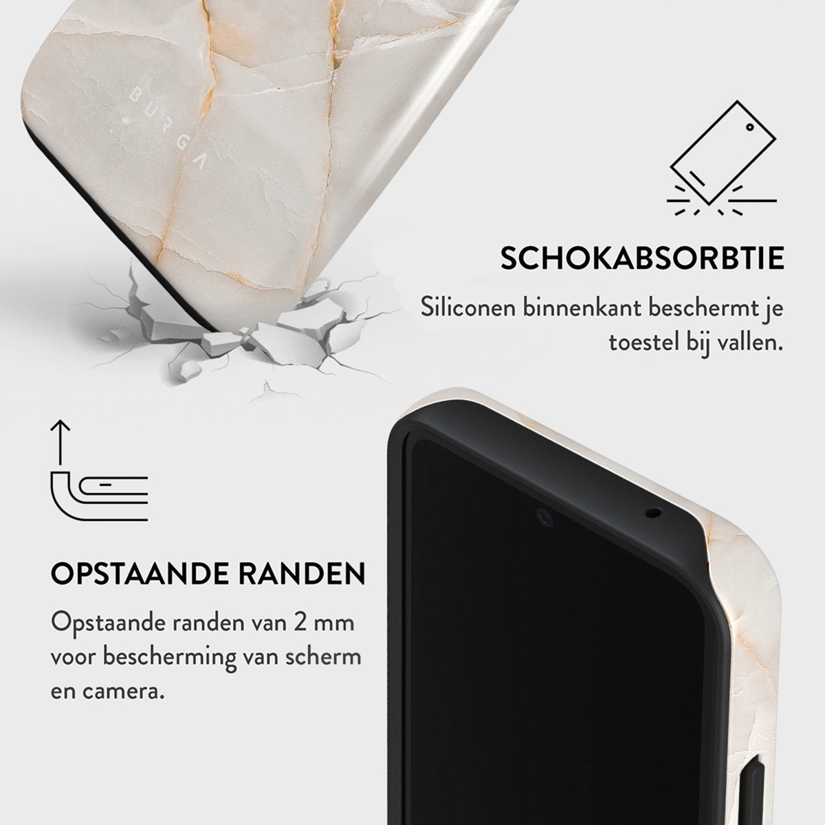 Een telefoonhoesje met een marmerontwerp wordt getoond, samen met tekst die schokabsorptie en verhoogde randen beschrijft.