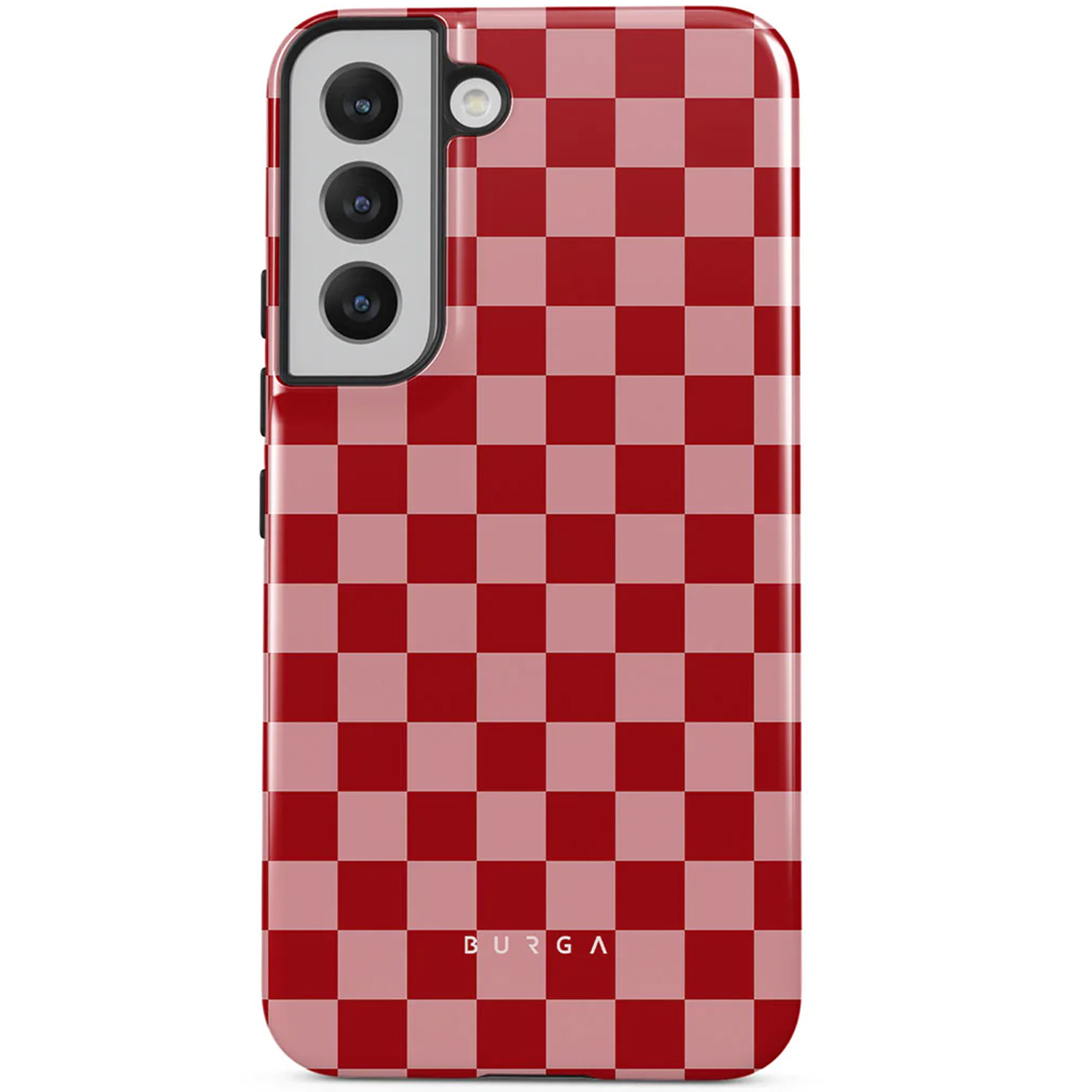 Een rood-roze geruite telefoonhoes. De hoes heeft een cameramodule met drie lenzen en een flitser.