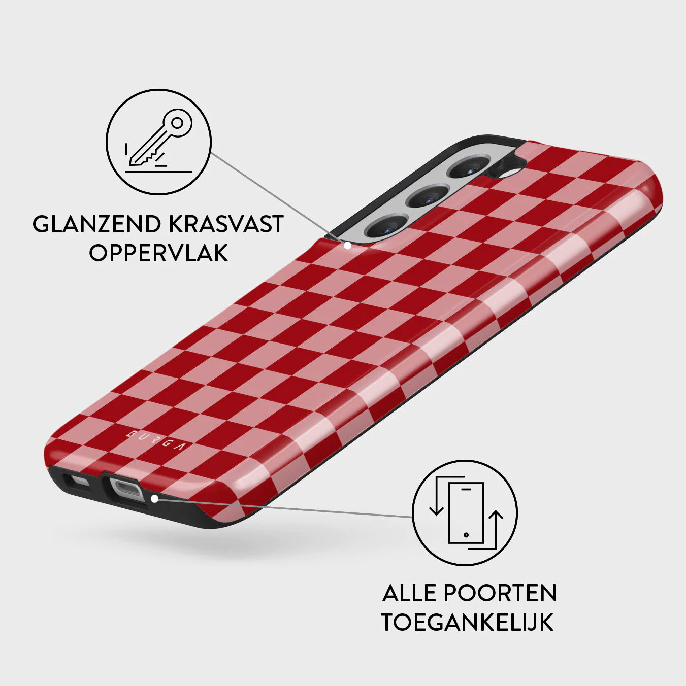 Een telefoonhoesje met een rood-wit geblokt patroon. De hoes heeft een glanzende afwerking en het ontwerp wordt benadrukt met tekst.