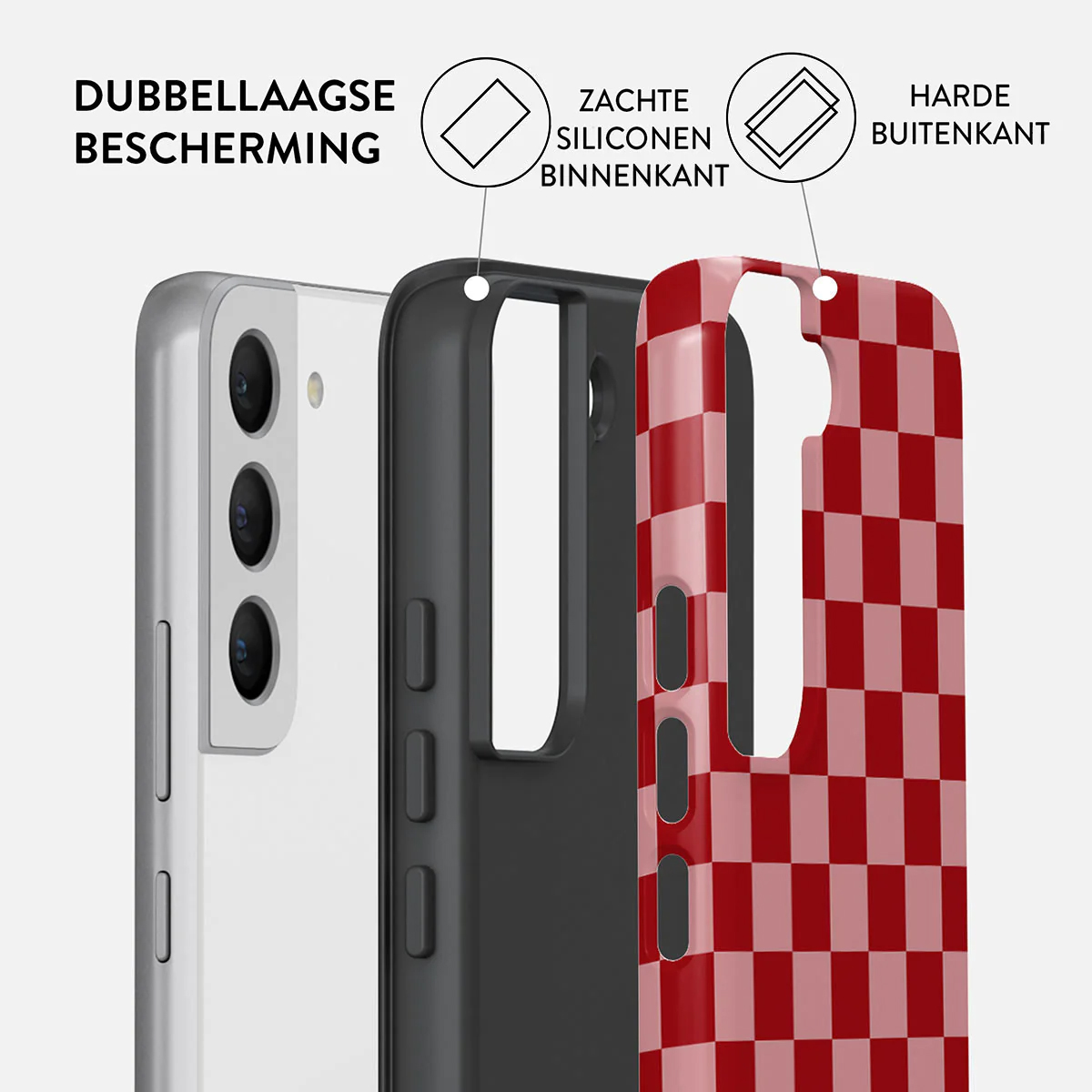 Telefoonhoeslagen: witte telefoon, zwart midden, rood geruite buitenlaag. Tekst: dubbele bescherming, zachte siliconen binnenkant, harde buitenkant.