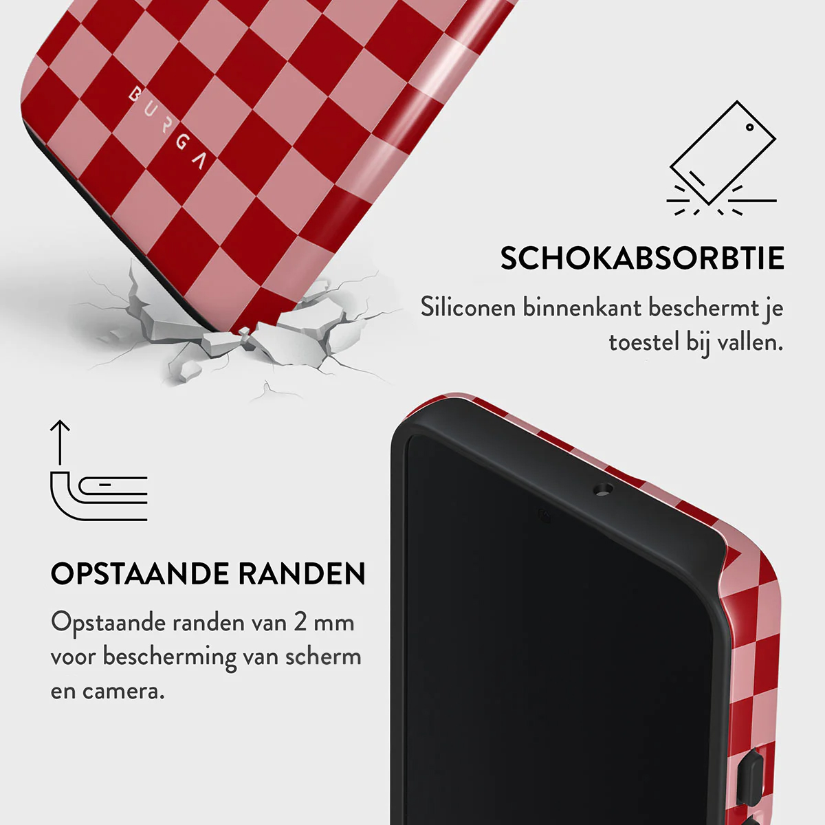 Een telefoonhoesje met een rood-roze ruitpatroon. Kenmerken zijn verhoogde randen, schokabsorptie en de merknaam 'BURGA'.