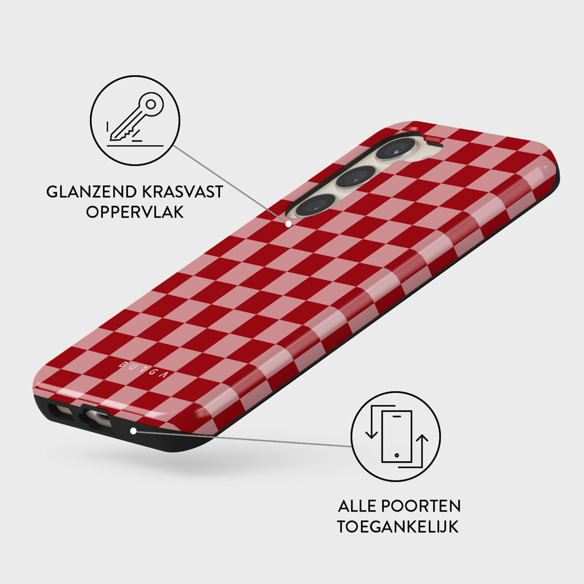 Une coque de smartphone avec un motif à carreaux rouge et rose. Le texte met en évidence la surface brillante, résistante aux rayures et les ports accessibles.
