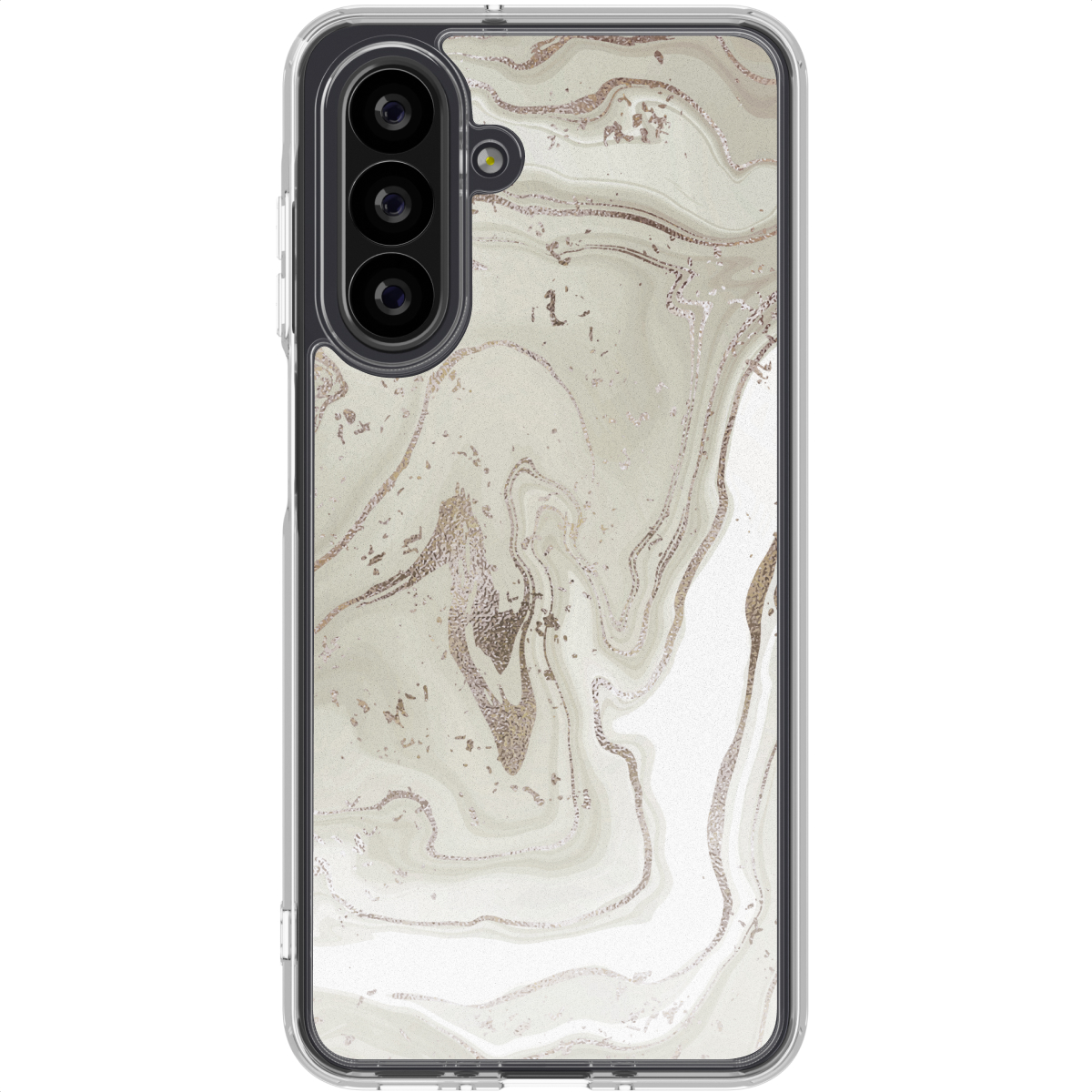 Een telefoonhoesje met een marmerontwerp in tinten beige en goud. De telefoon heeft drie camera's en een flitser.