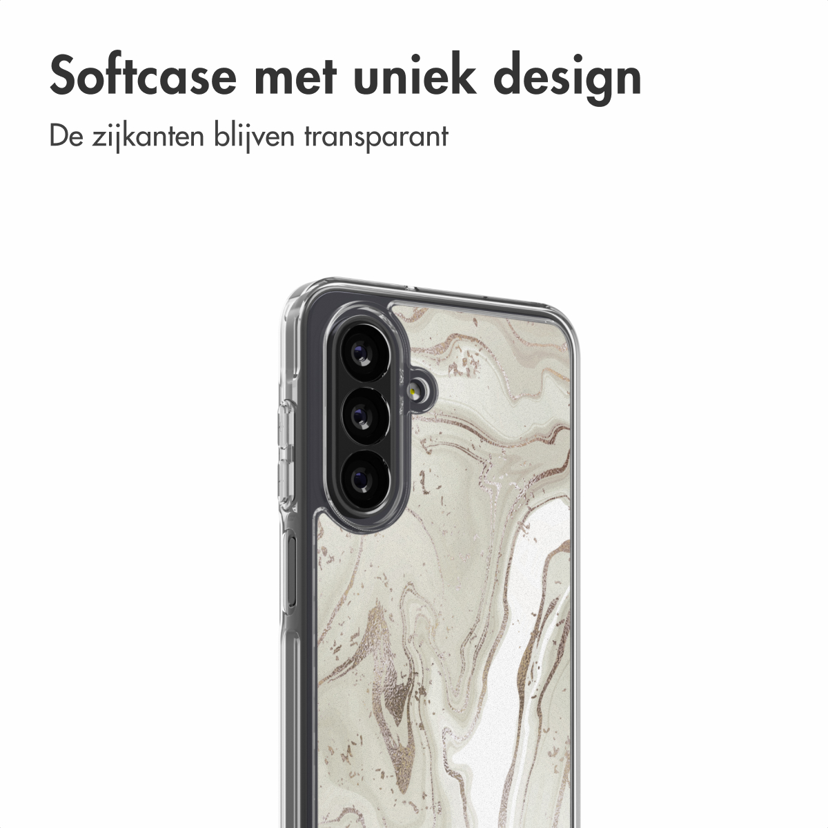 Een telefoonhoesje met een marmerpatroon. De hoes is transparant en heeft een cameramodule met drie lenzen.