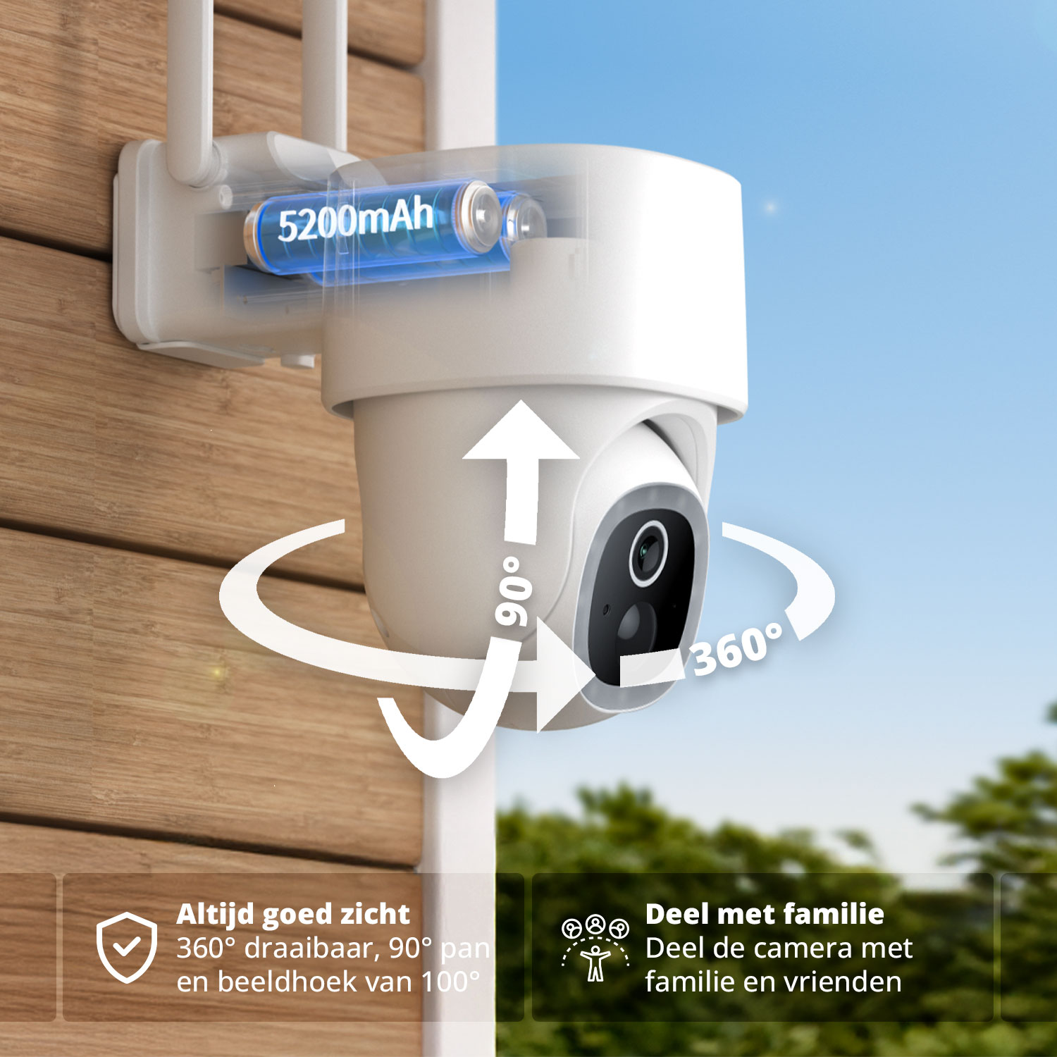 White security camera with 5200mAh battery, 360° rotation, 90° pan, and 100° view angle. Text: 'Always good view. Share with family'.