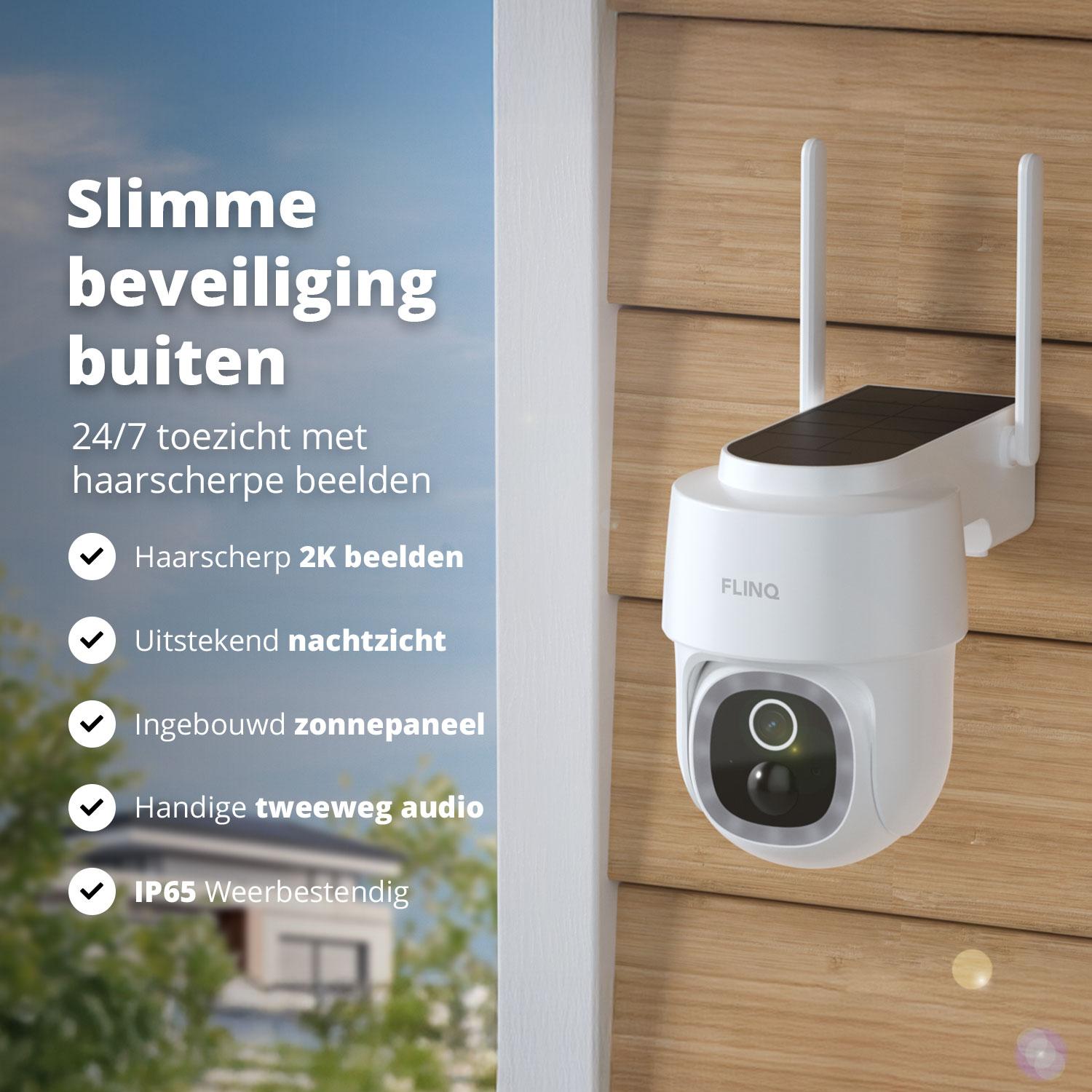 A white security camera with solar panel, two antennas, mounted on wooden panel. Text on the image. In the background, a blurred house.