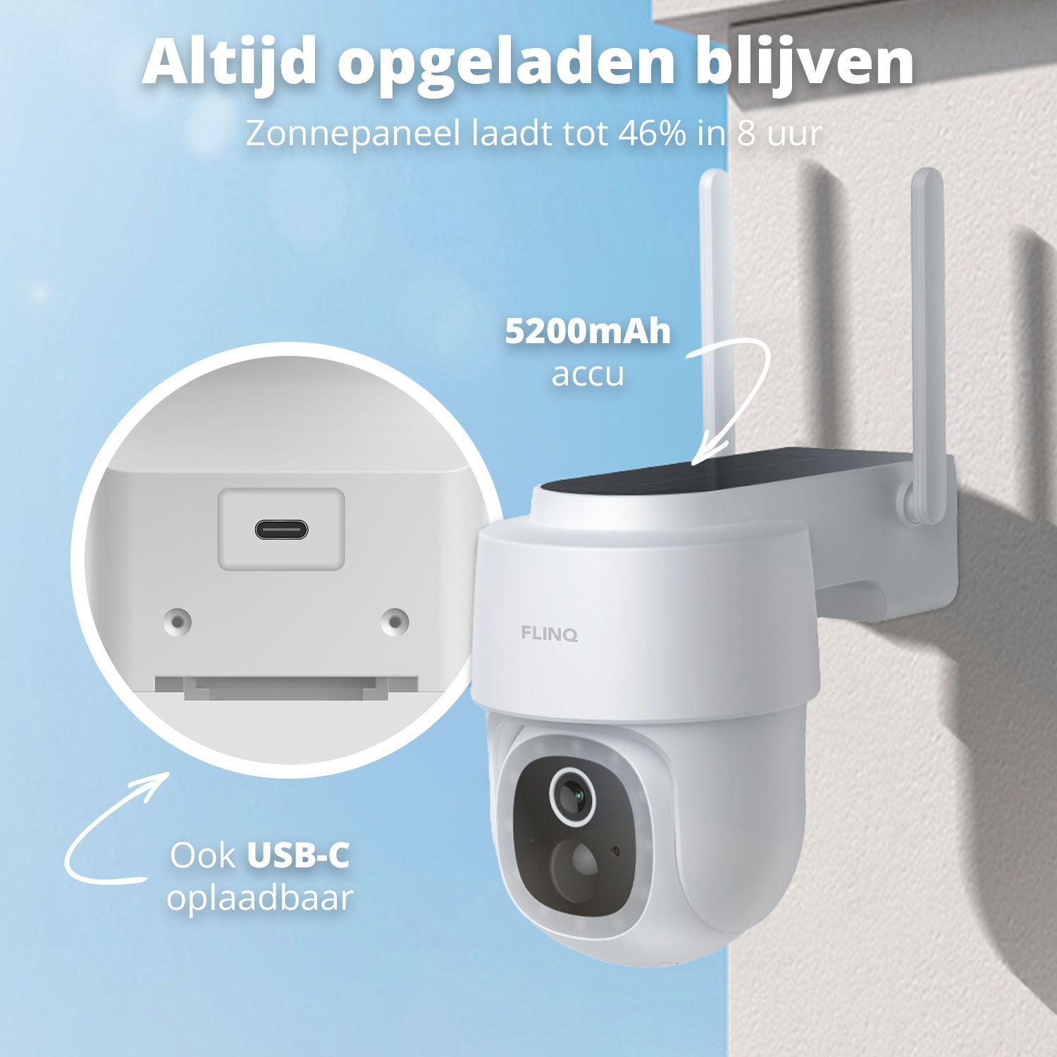 White security camera with solar panel and antennas. Text highlights USB-C charging and 5200mAh battery. Includes the brand name FLINQ.