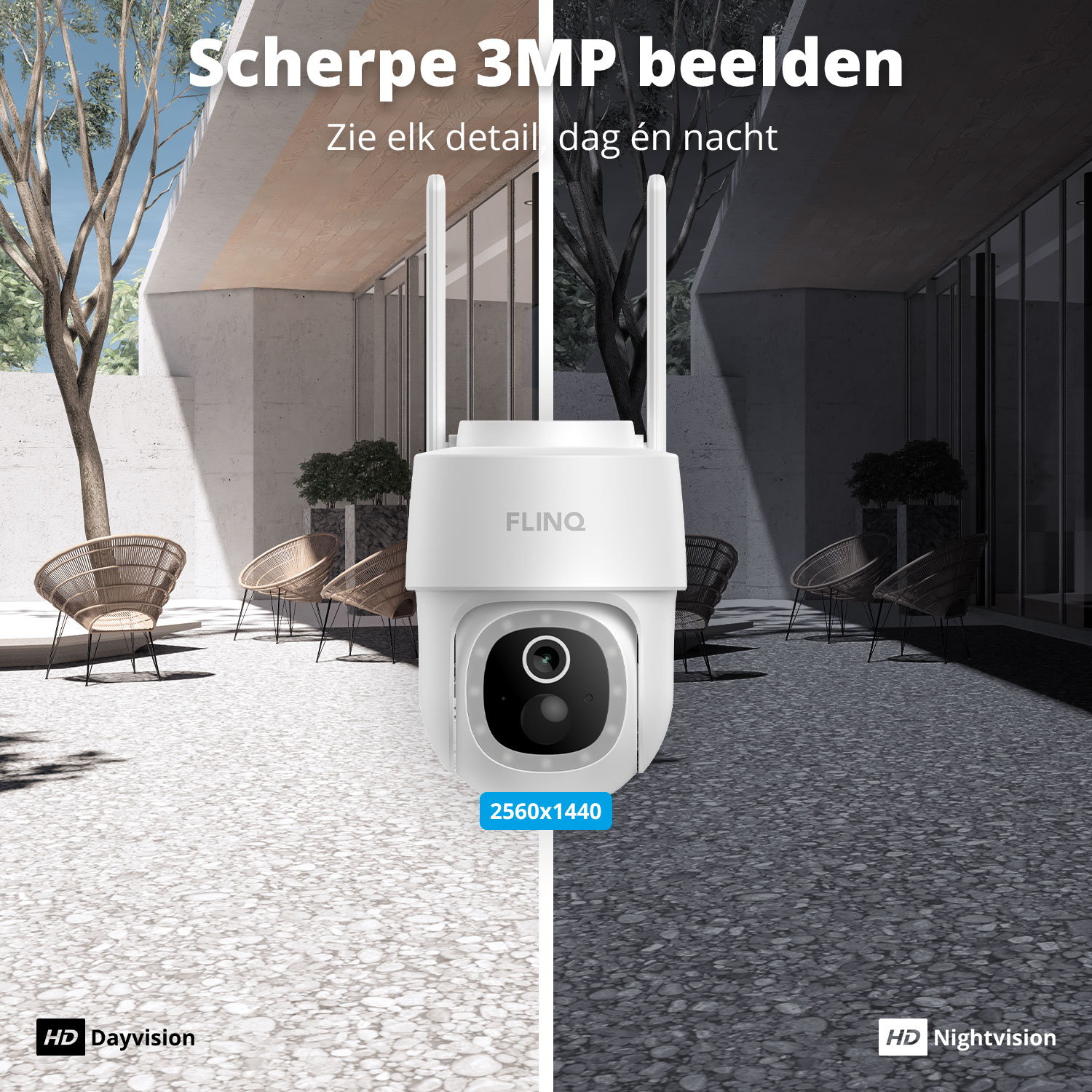 A white FLINQ security camera. The image is split, showing day and night views. Text: 'Scherpe 3MP beelden' and '2560x1440'.