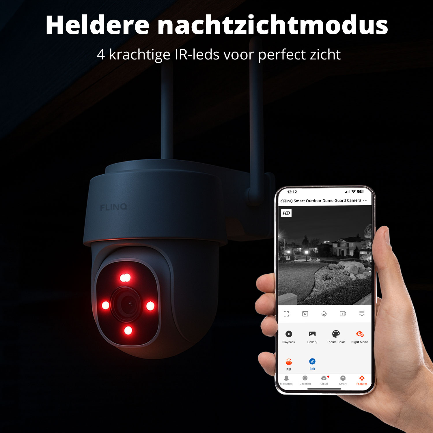 A security camera with red LEDs is next to a phone displaying a night vision view of a house.