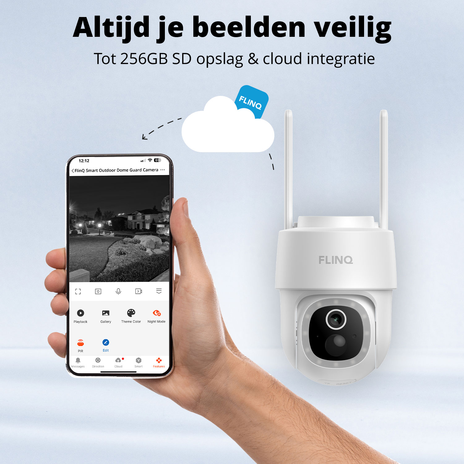 A hand holding a phone showing a security camera view. Beside is a white security camera and a cloud graphic with text.