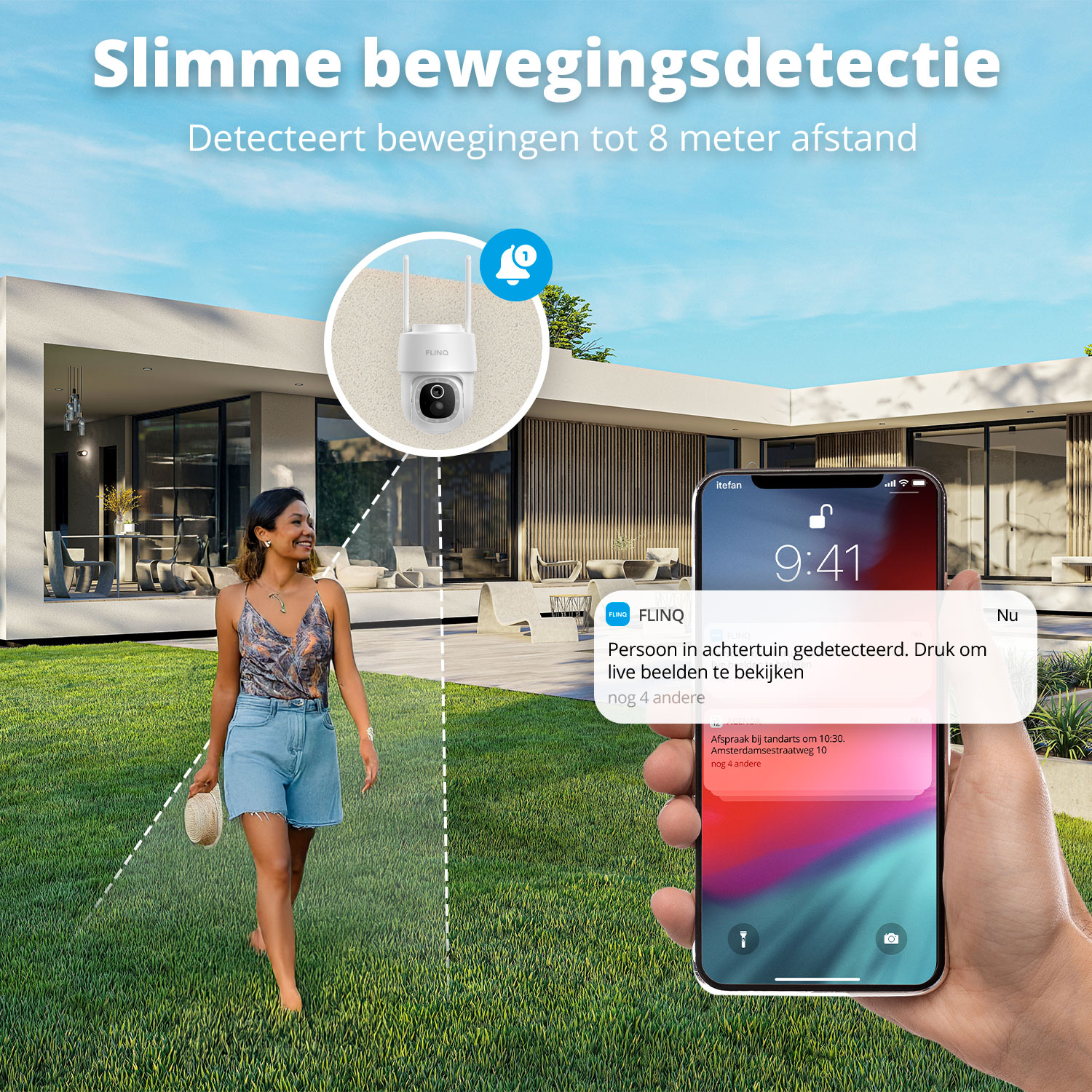 A woman walks on grass, holding a hat. A phone shows a notification. A camera and text are visible in the background.