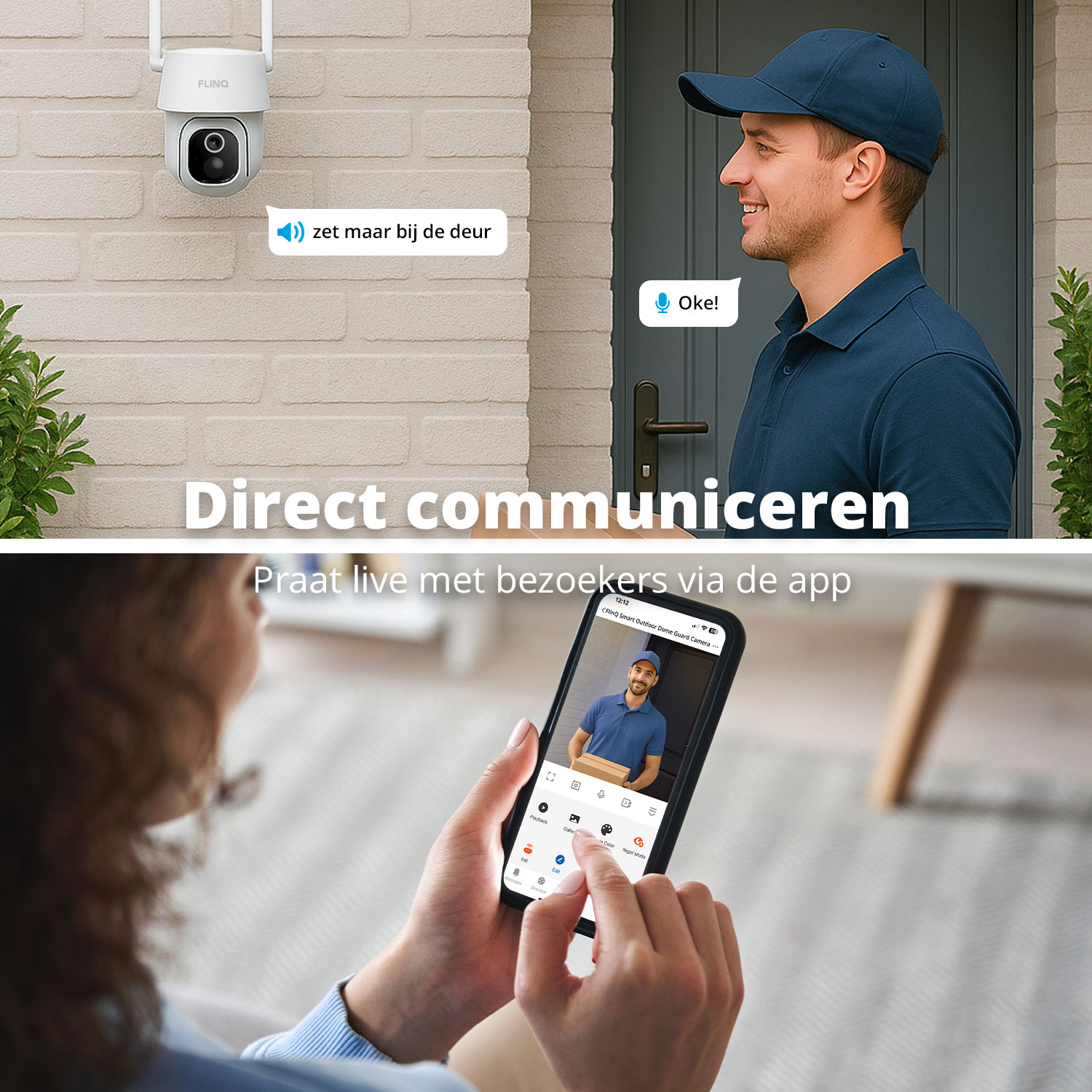 A security camera interacts with a delivery person. A woman views live video on her phone. Text says 'Direct communication'.
