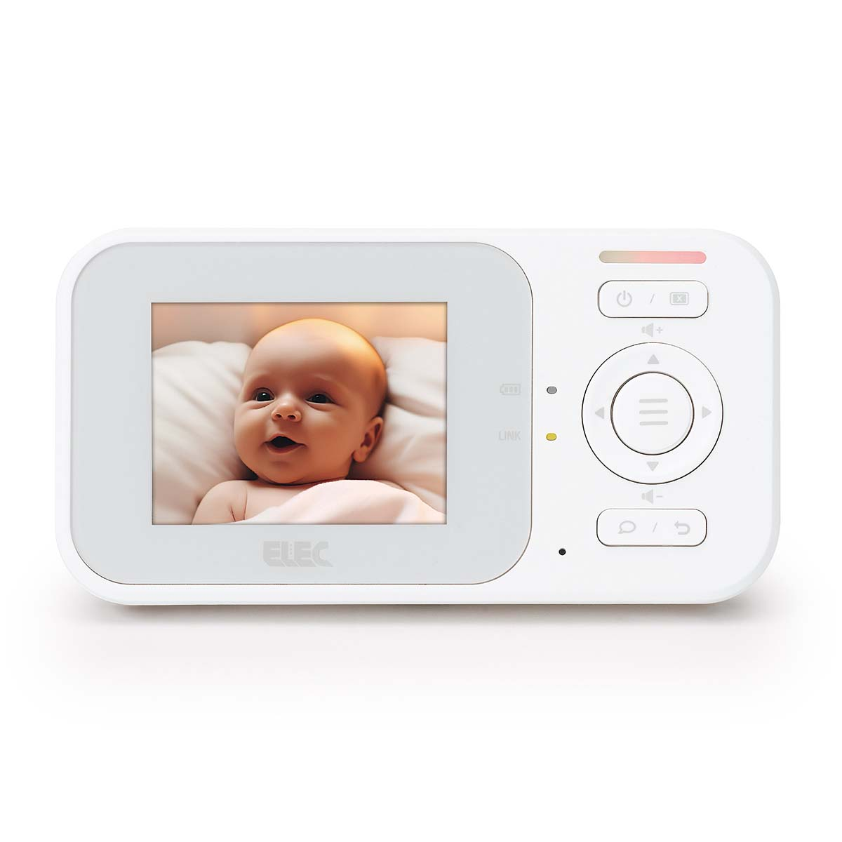 Ein Babyphone zeigt das Gesicht eines Babys. Der Monitor ist weiß mit Knöpfen. Das Baby liegt auf einem weißen Kissen.