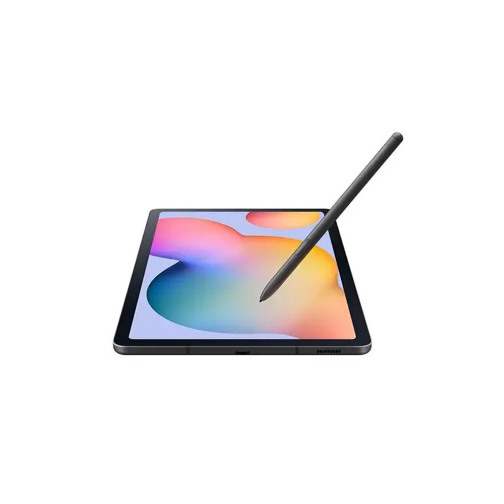 Kalemli bir tablet. Tablet siyah, renkli bir arka plan gösteriyor. Kalem koyu renkli ve ekrana doğru açılı.