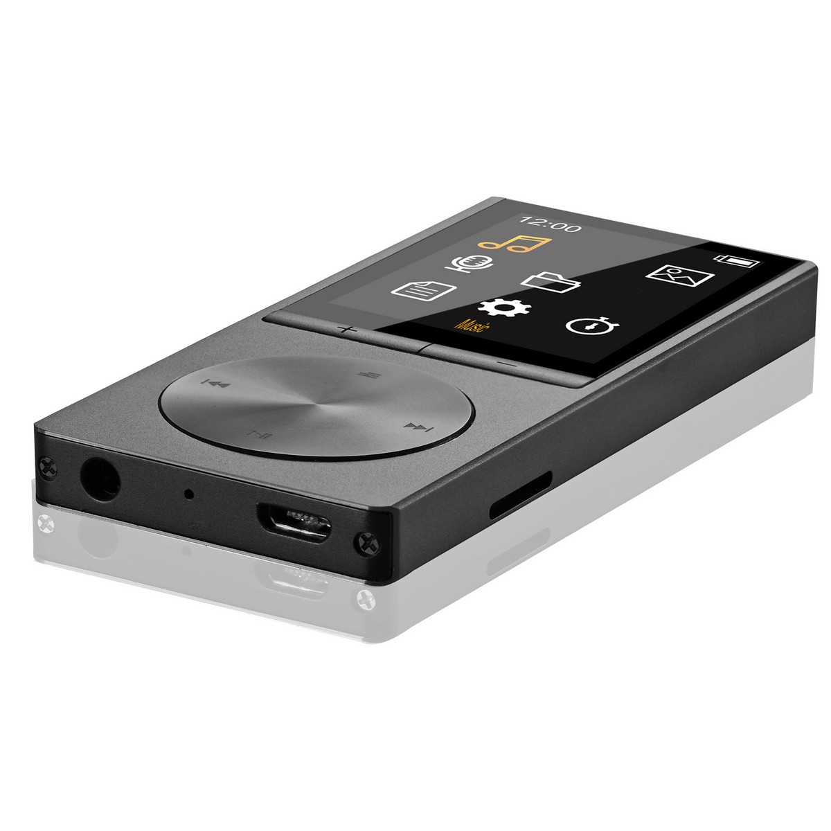 Ein schwarzer MP3-Player mit einem Bildschirm, der Symbole anzeigt. Er hat ein rundes Steuerfeld und einen Anschluss an der Unterseite. Die Zeit ist 12:00 Uhr.