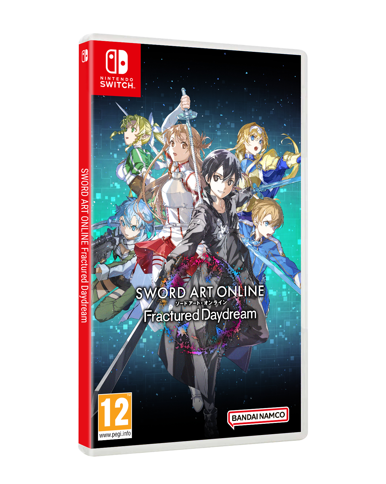 Nintendo Switch gamebox. Personages uit Sword Art Online: Fractured Daydream. Centraal personage met zwaard en anderen.