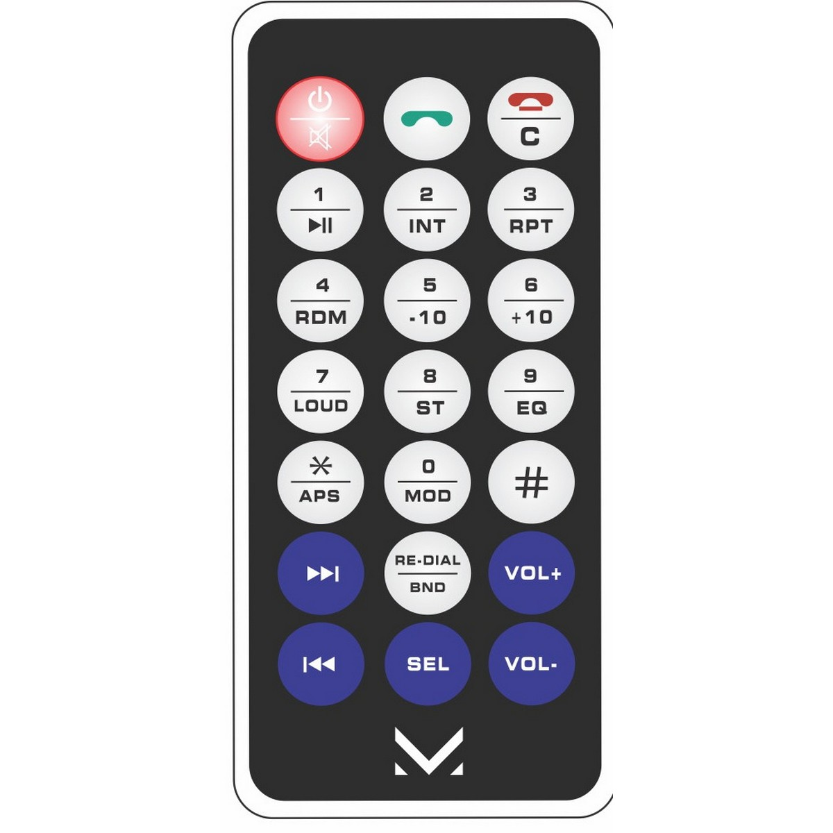 Un telecomando nero con pulsanti bianchi e blu. I pulsanti includono numeri, controlli del volume e simboli di alimentazione. In alto c'è un pulsante rosso.